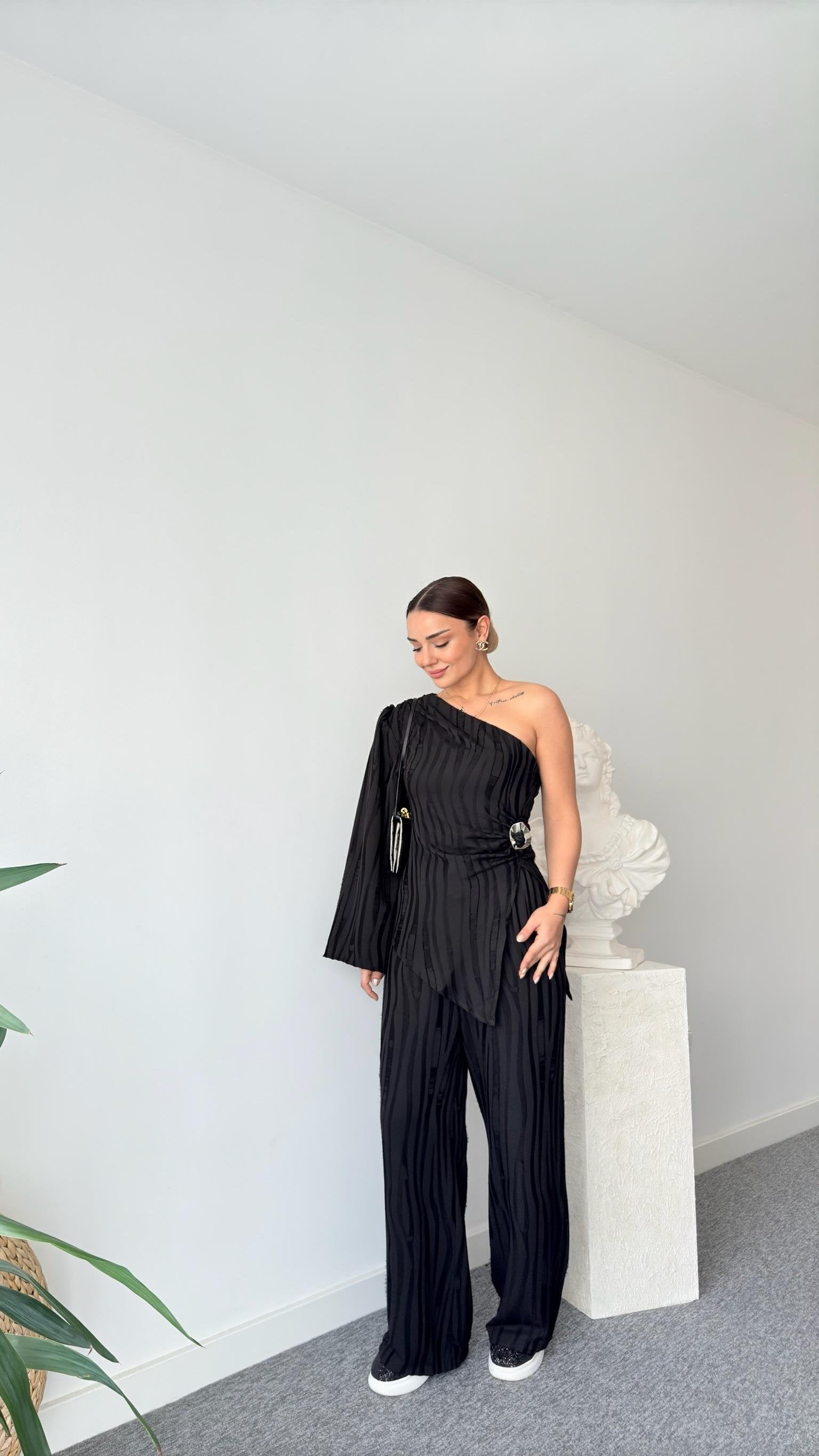 Black Usez One Shoulder Blouse Trouser Set