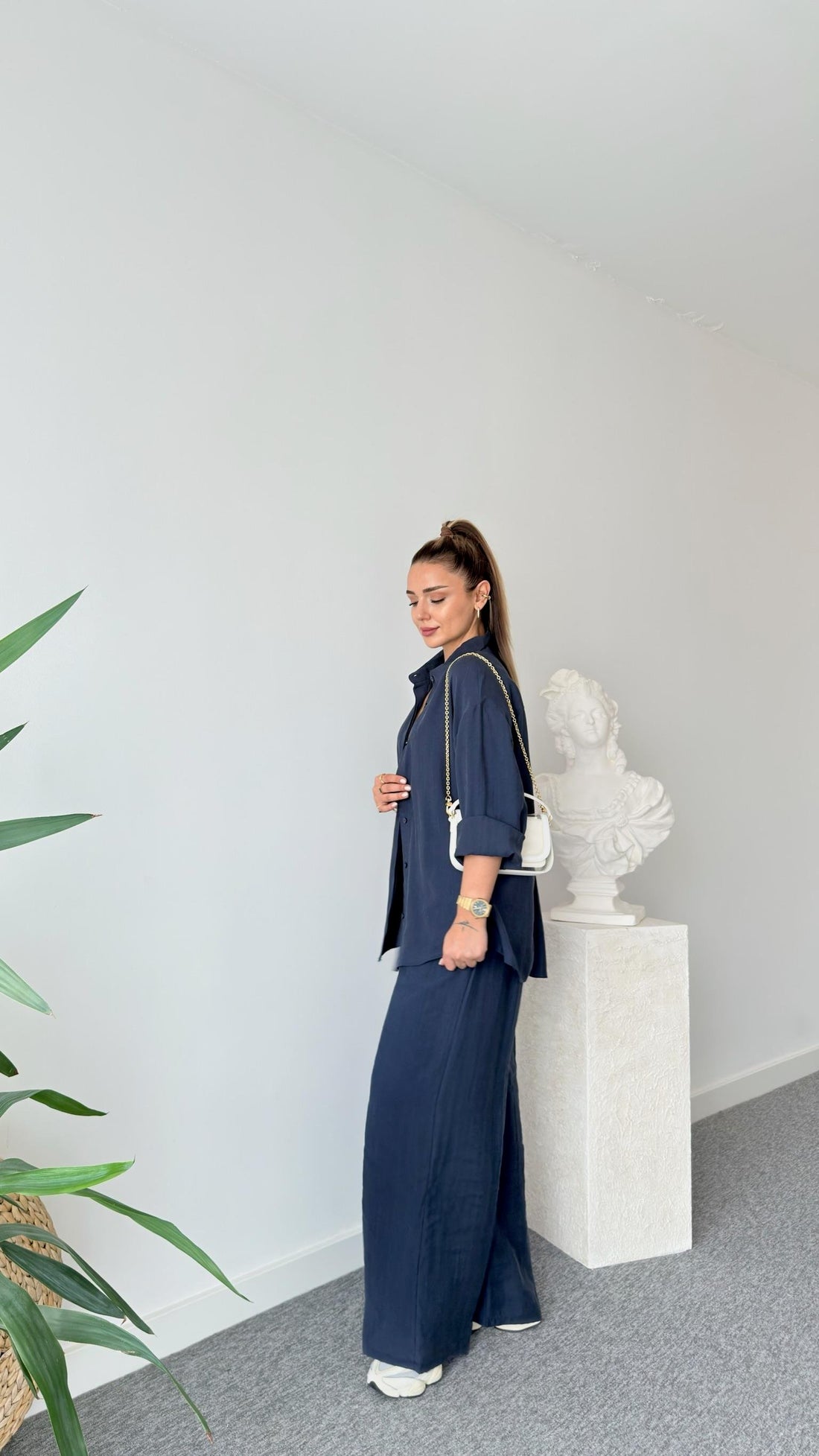Navy Blue Zipper Detailed Tencel Suit