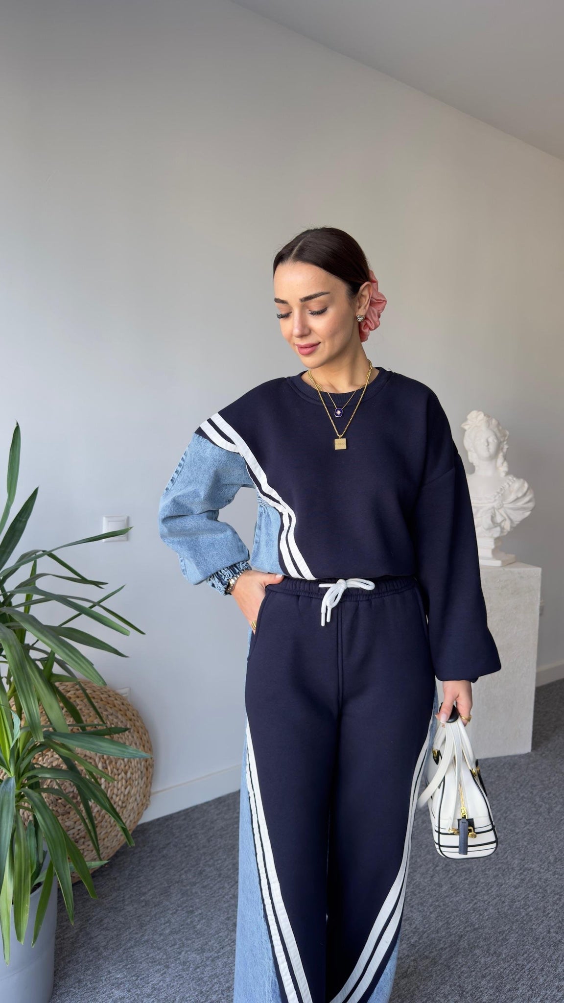 Liyz Striped Denim Detail Navy Tracksuit