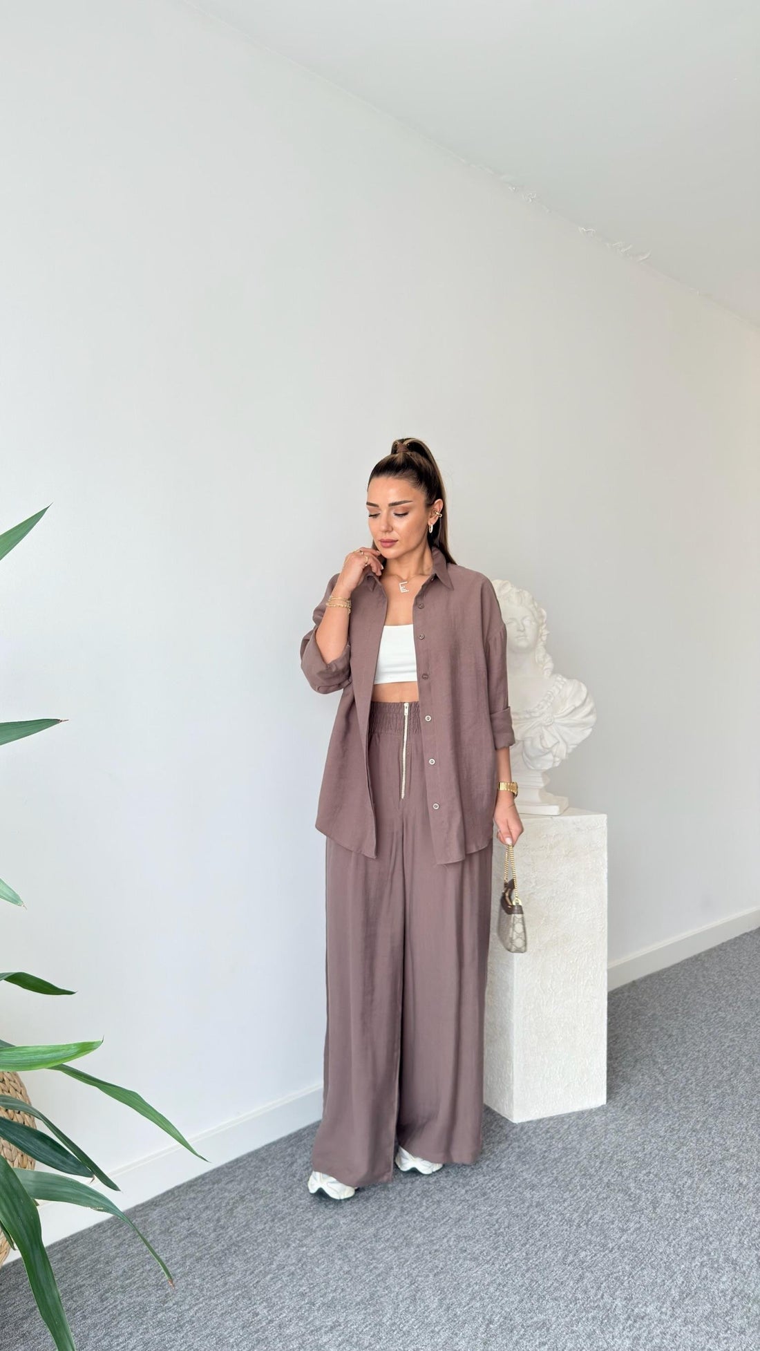Brown Blue Zipper Detailed Tencel Suit