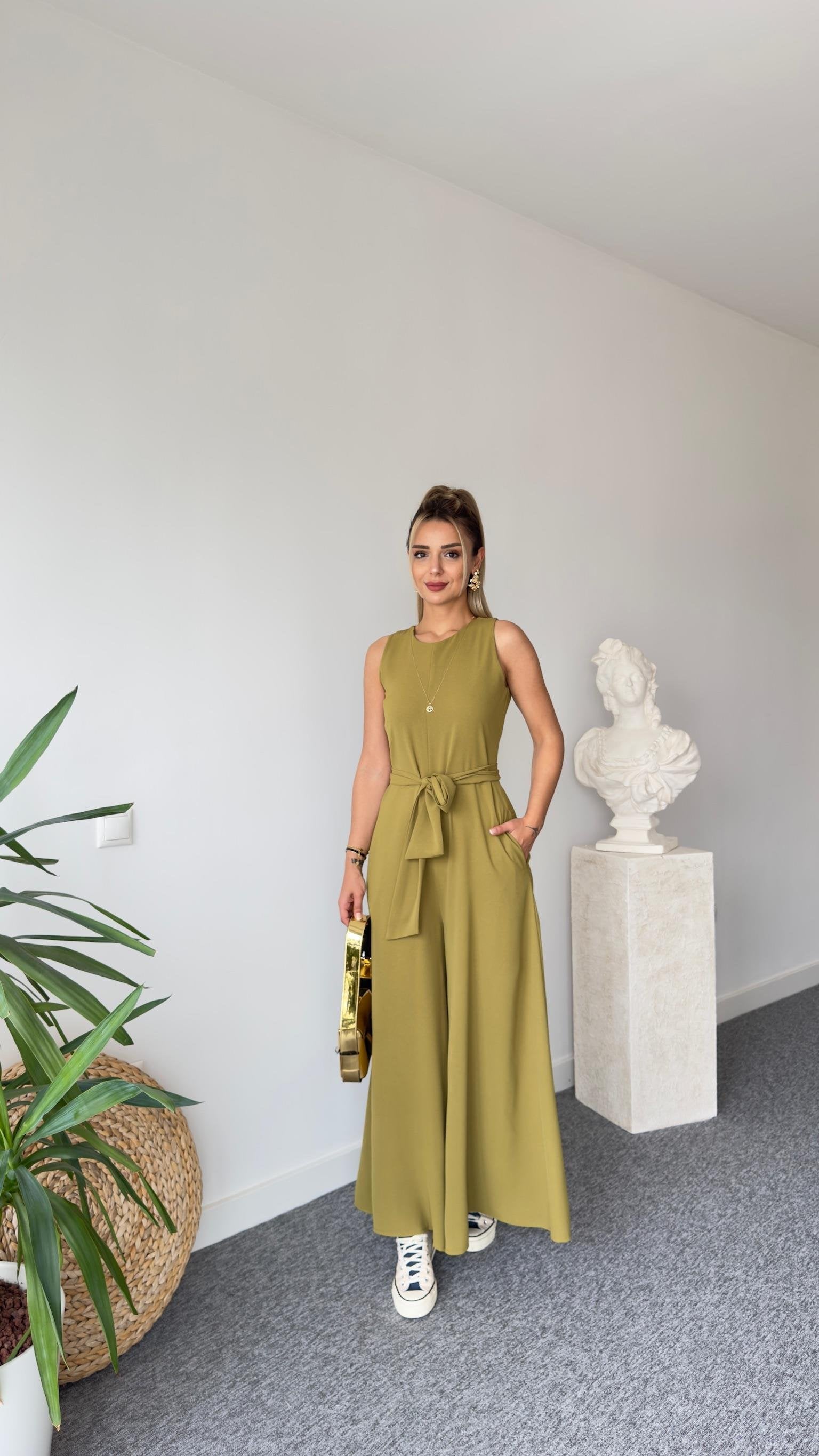 Carta Belted Olive Wide Leg Jumpsuit