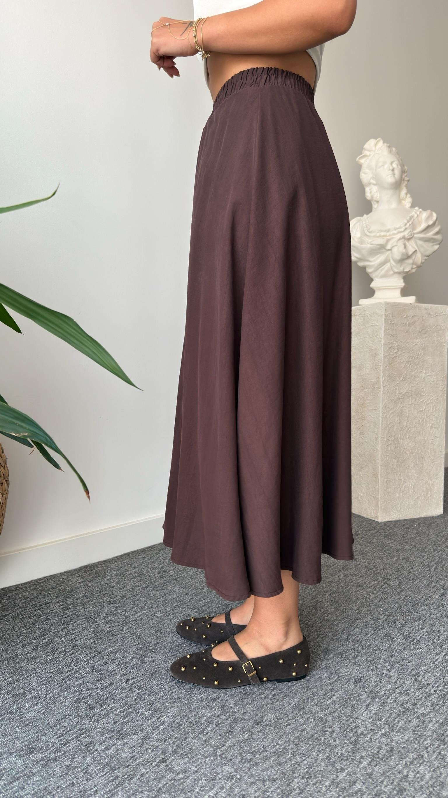 Brown Quen Stone Detailed Tencel Skirt Suit