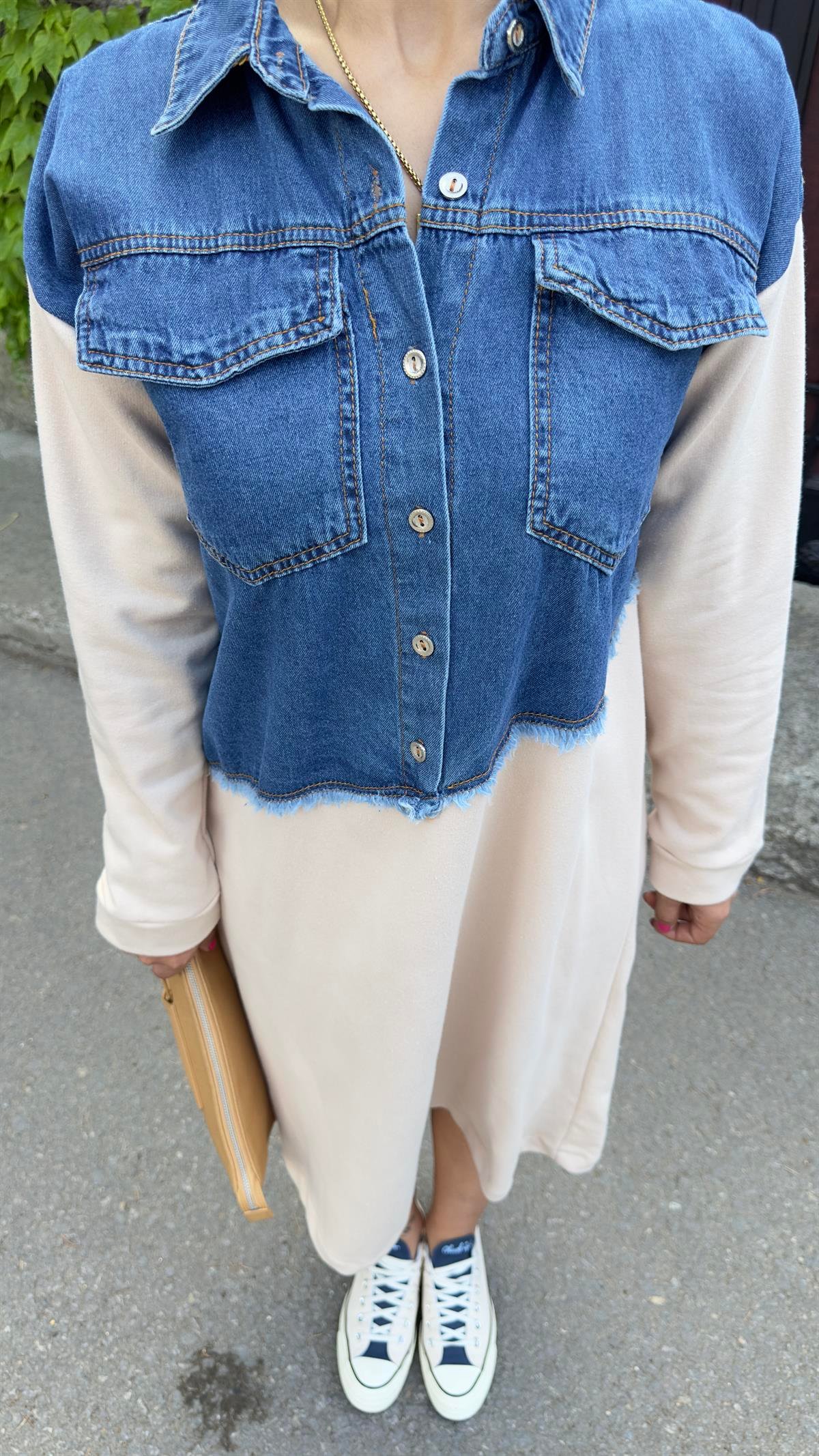 Denim Detail Beige Design Sweat Dress