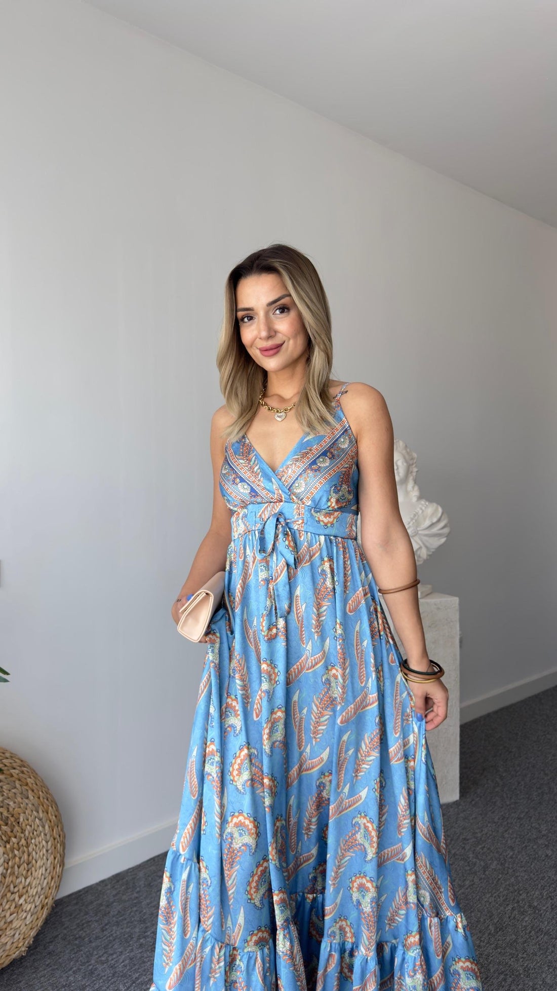 Blue Ethnic Pattern Satin Premium Dress