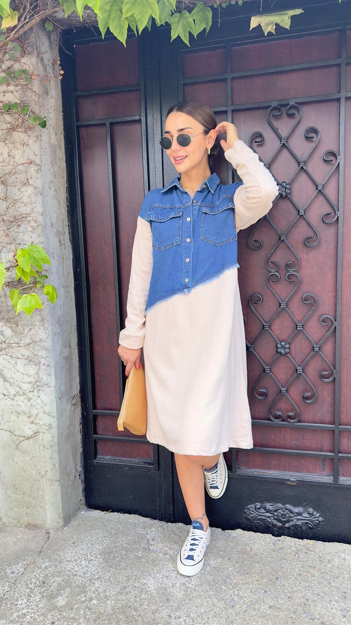 Denim Detail Beige Design Sweat Dress