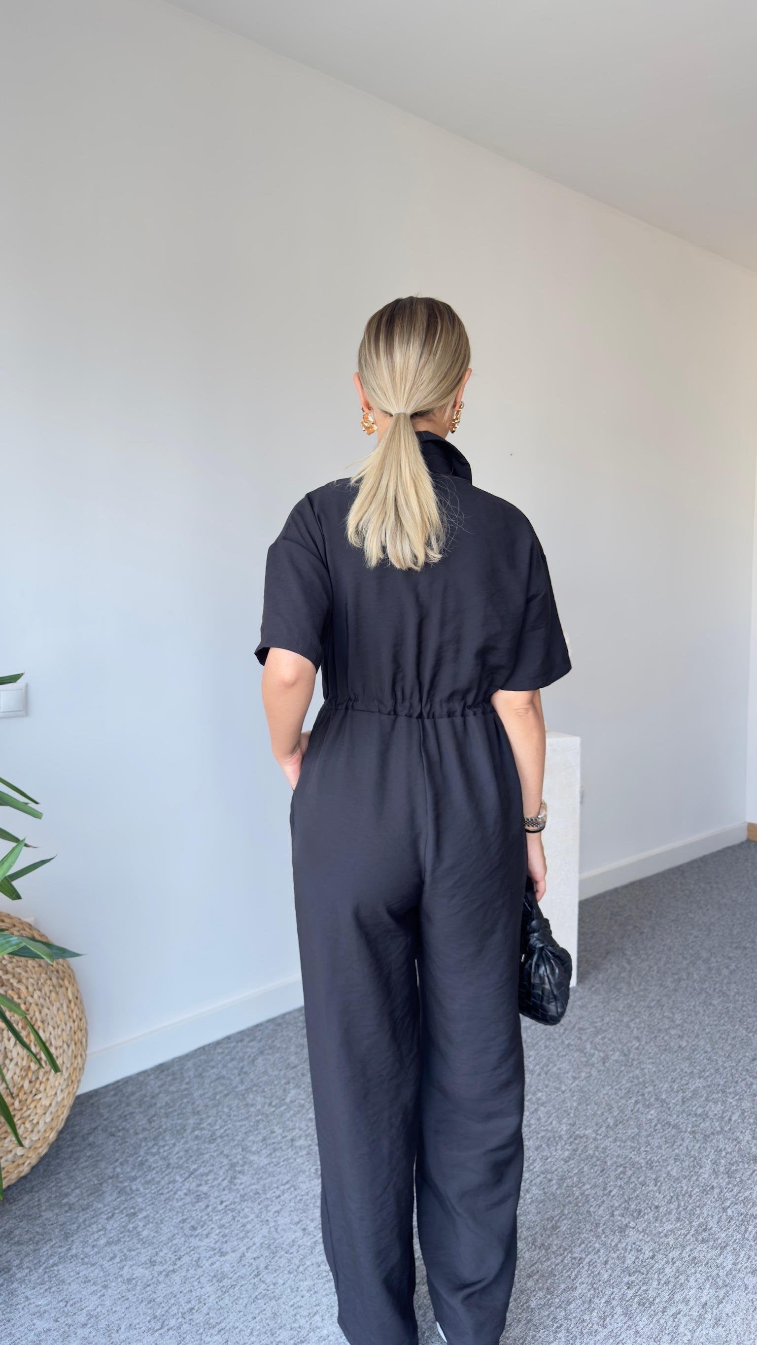 Esto Brand Model Waist Gathered Black Jumpsuit