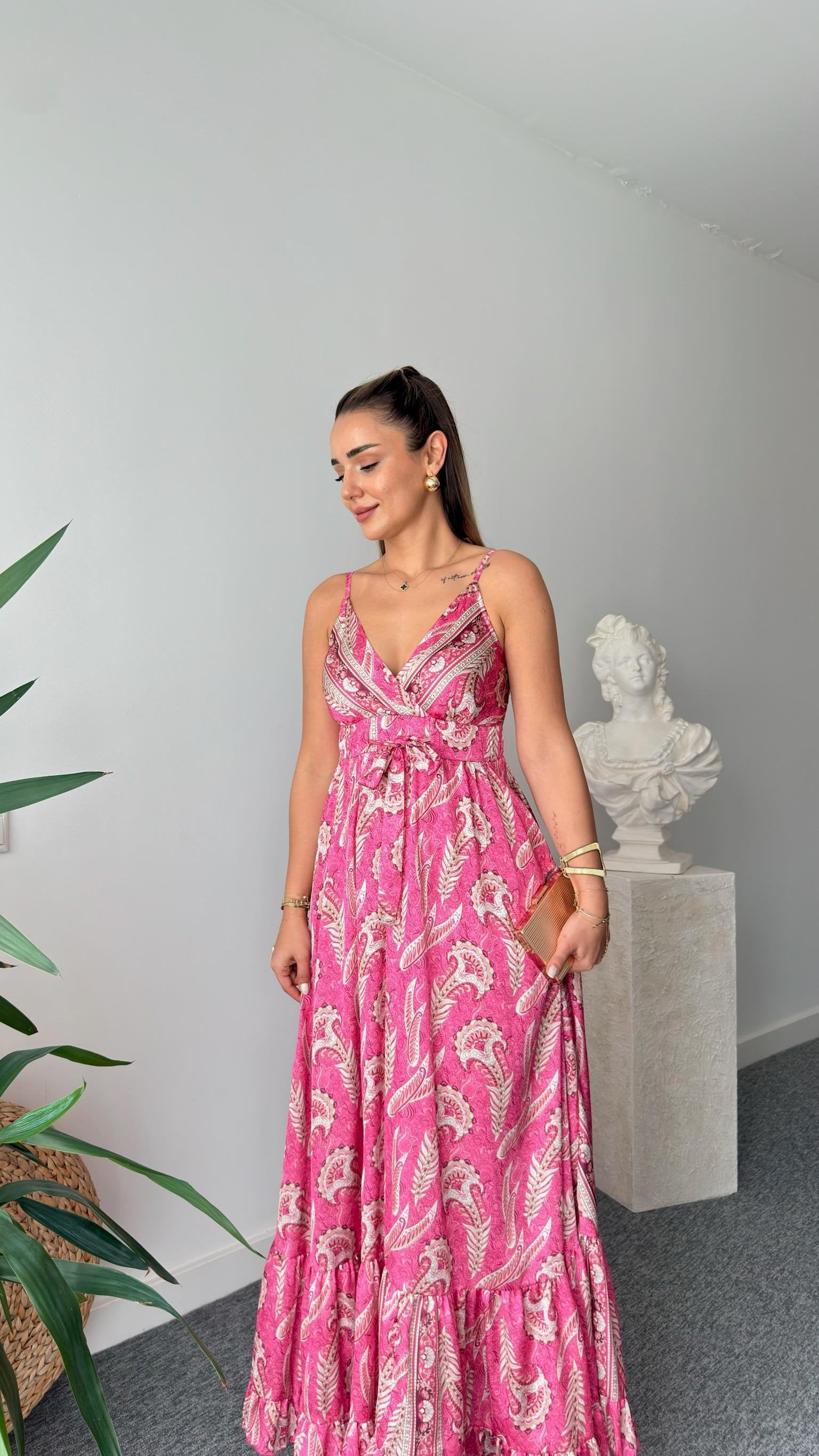 Pink Ethnic Pattern Satin Premium Dress