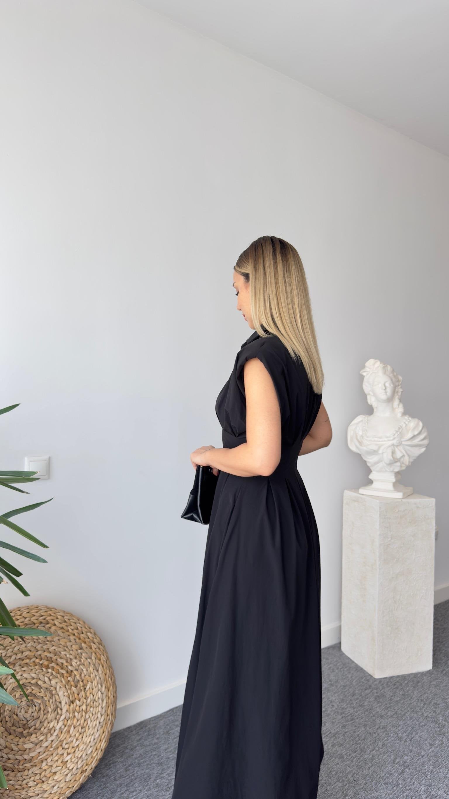 Jene Button-Down Pleated Black Dress
