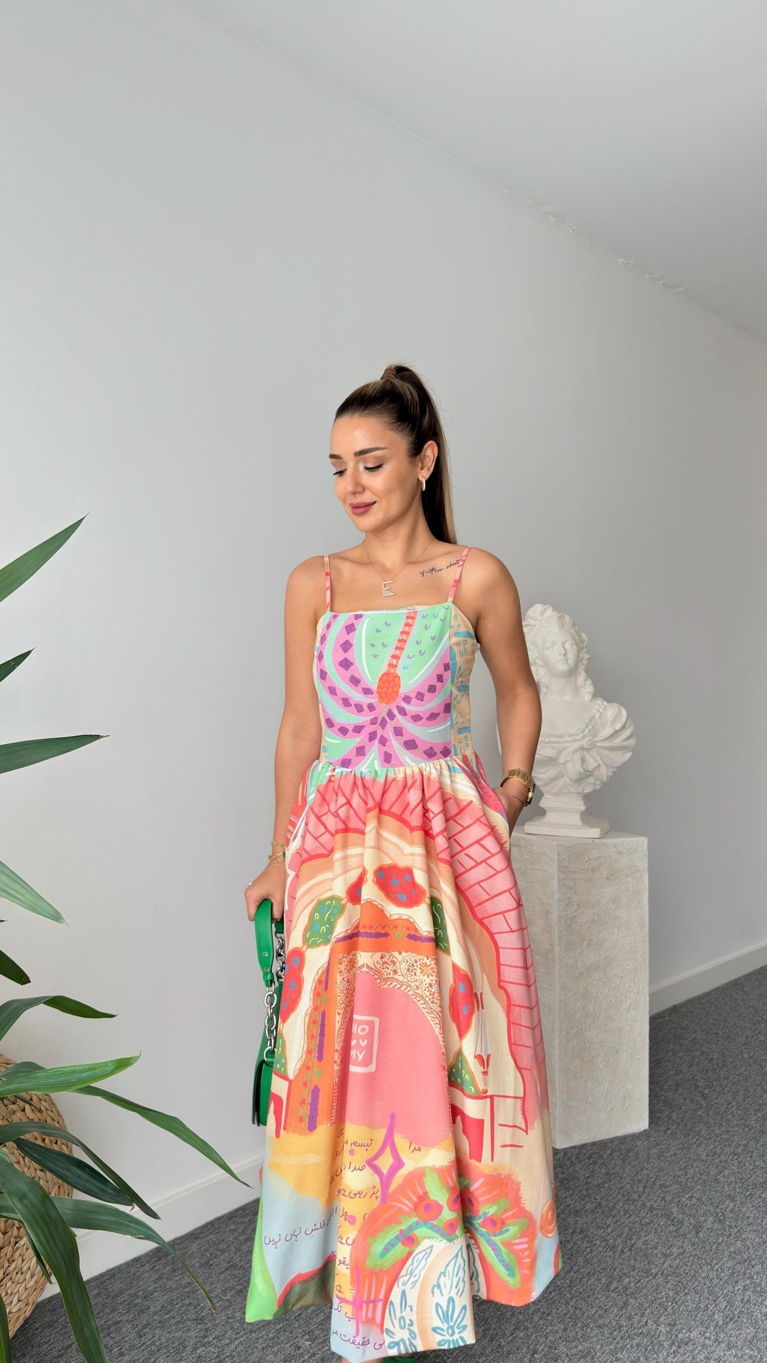 Oesto Colorful Printed Lined Linen Dress
