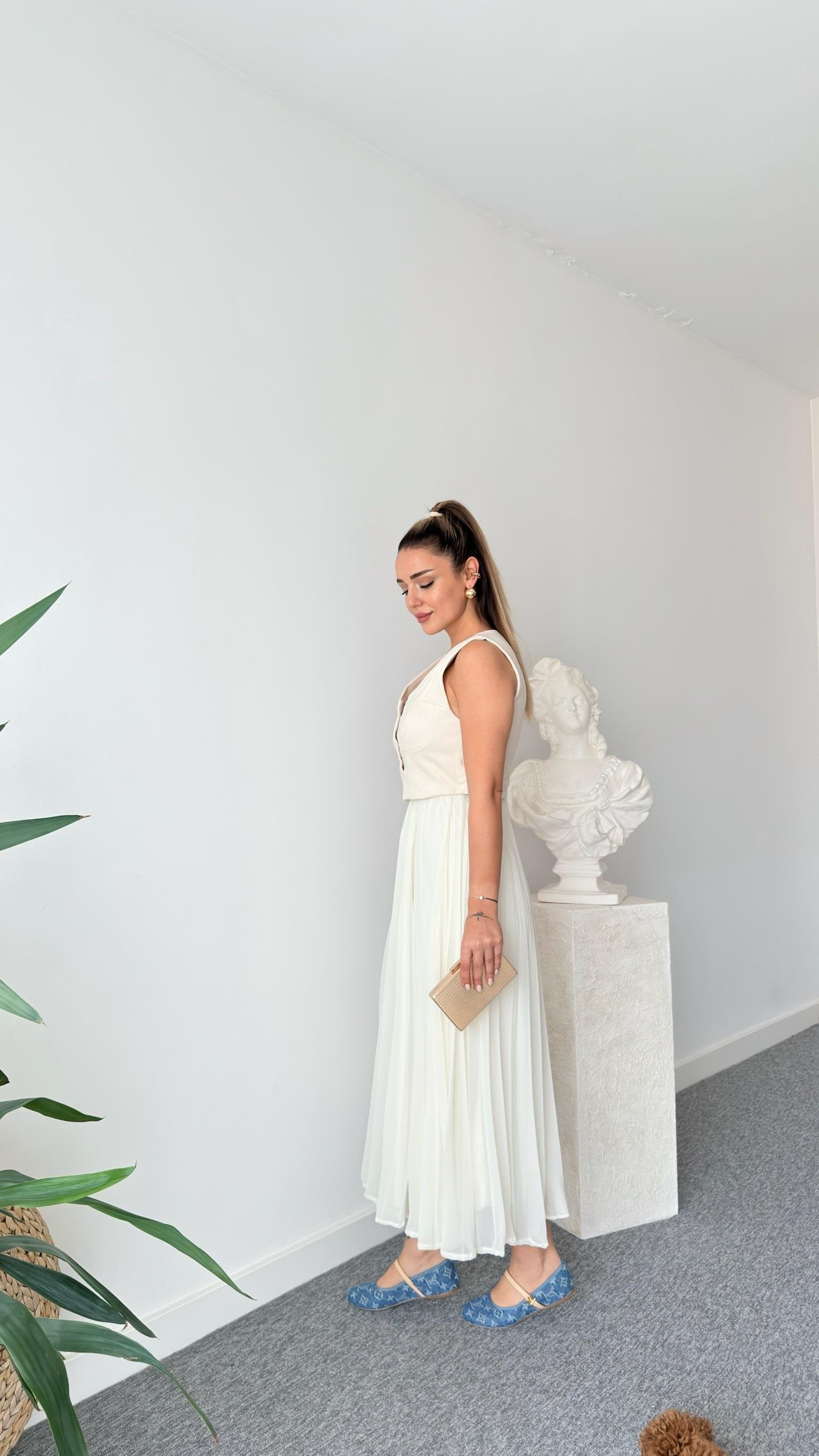 Brand Model Pleated Cream Dress with Vest Detail