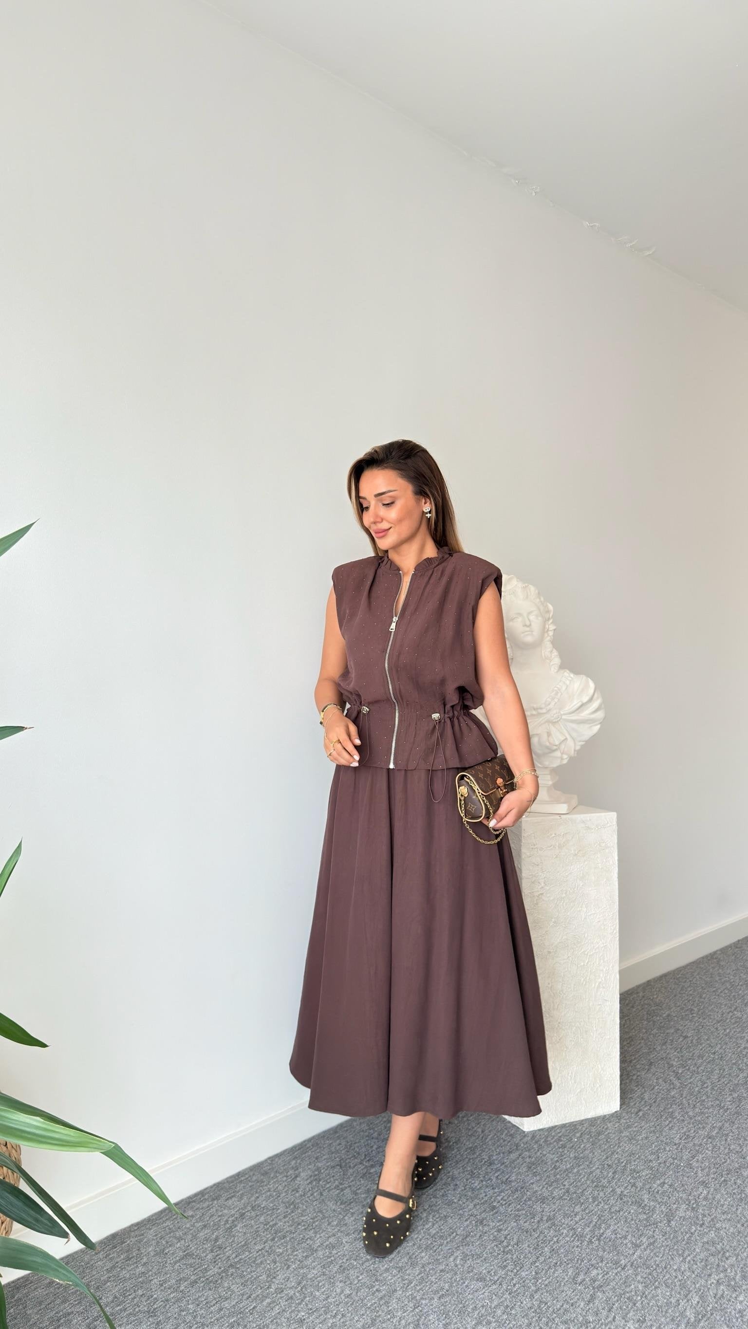 Brown Quen Stone Detailed Tencel Skirt Suit