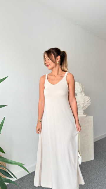 Beige Modal Dress with Elastic Straps white dress