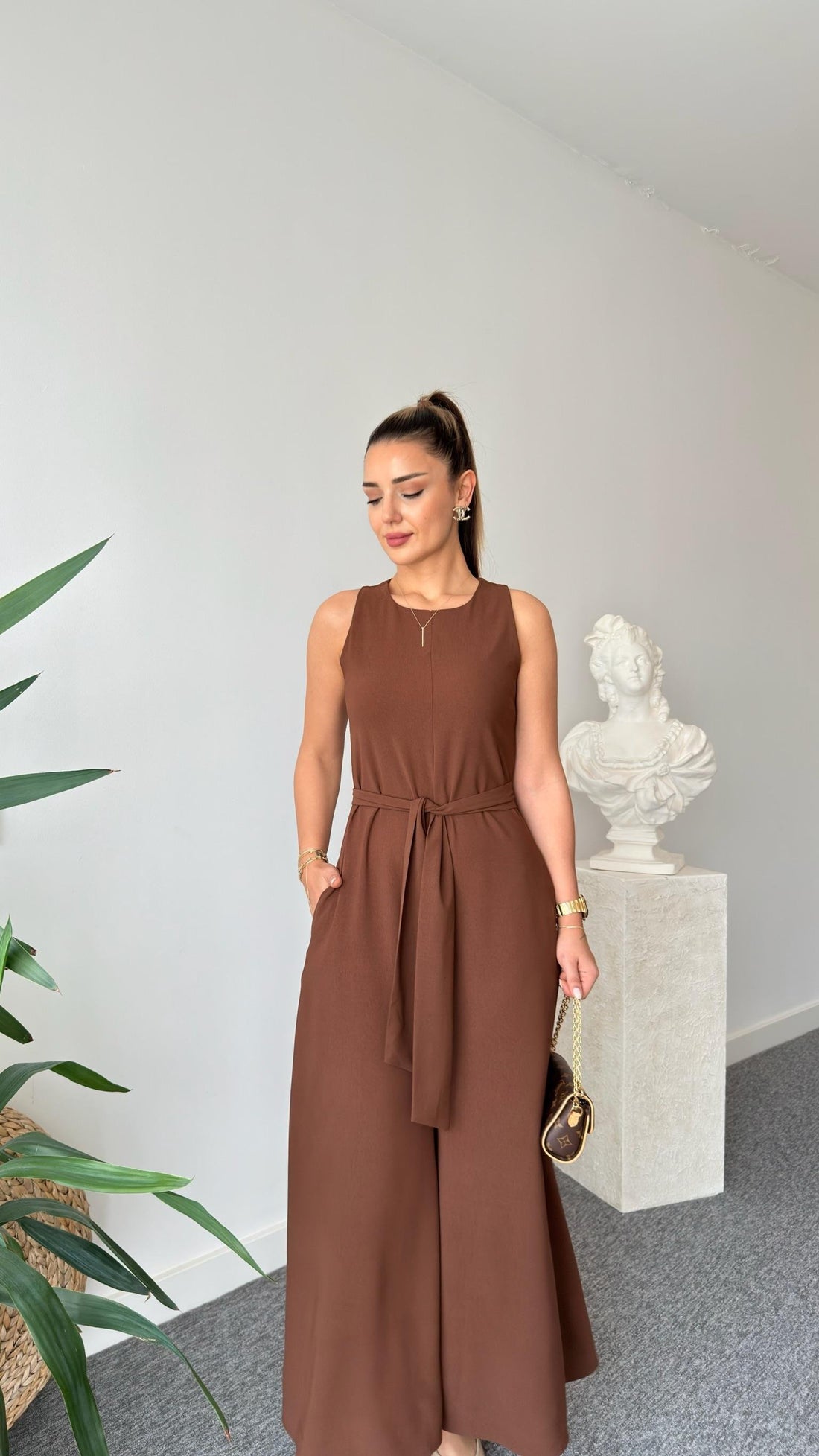 Brown Carta Belted Wide Leg Jumpsuit