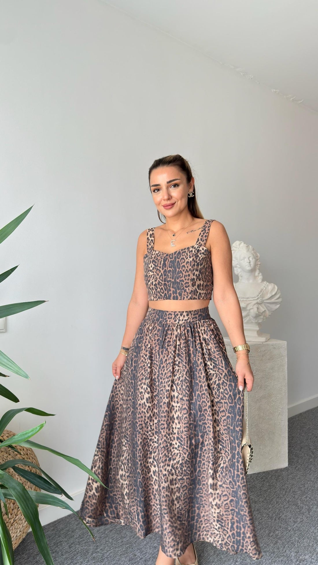 Leopard Patterned Crop Suit with Skirt
