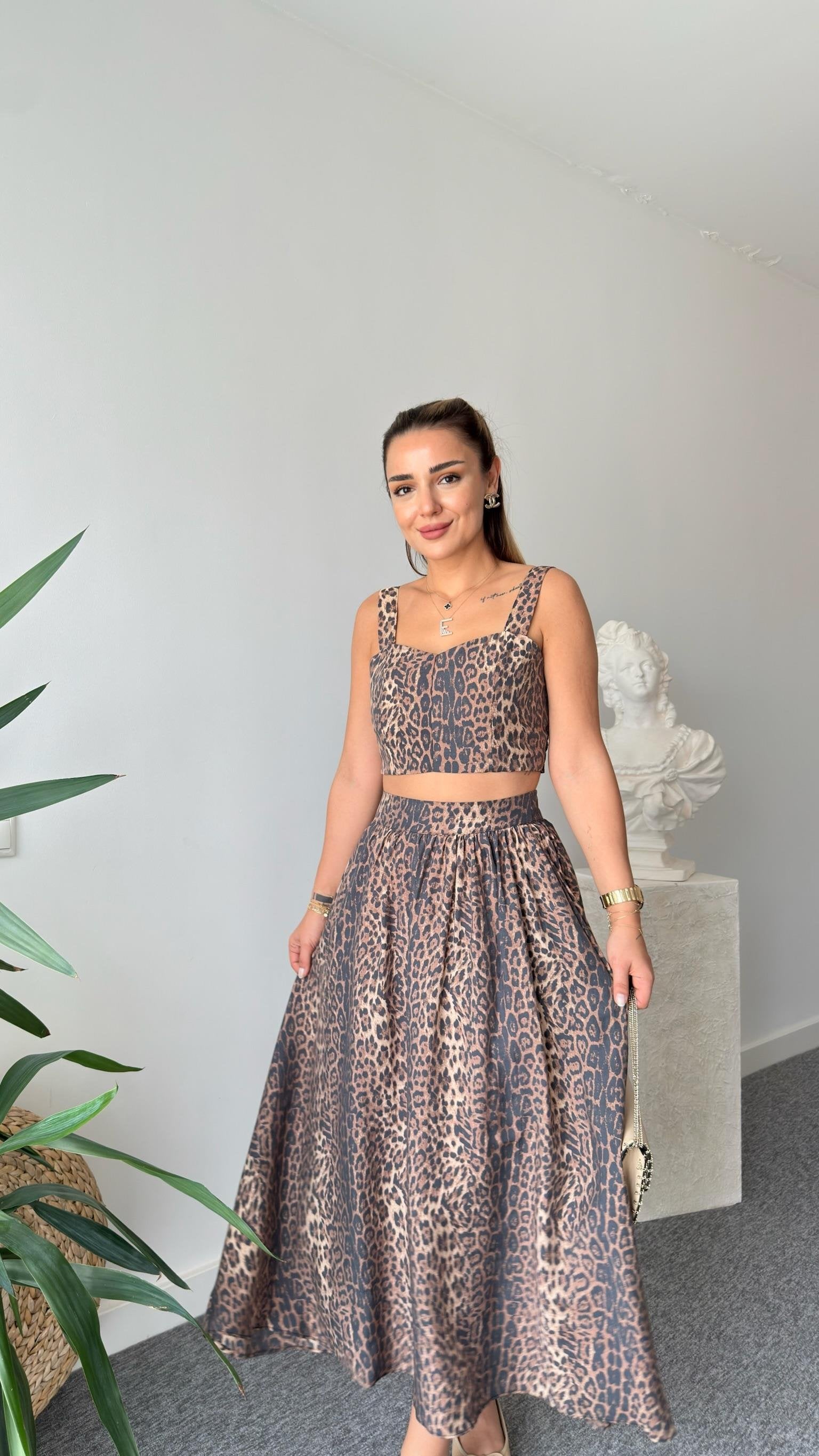 Leopard Patterned Crop Suit with Skirt