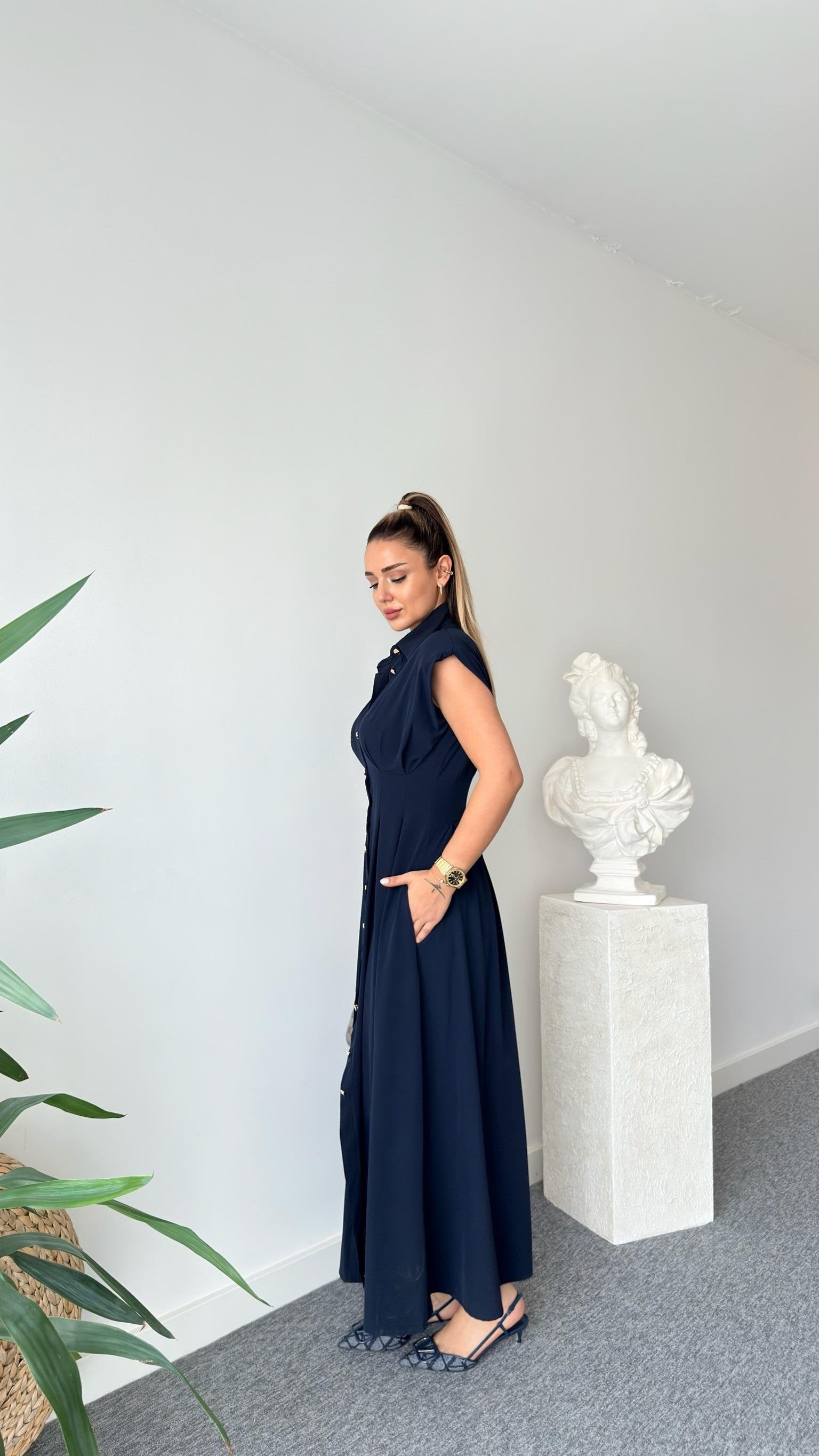 Navy Blue Jene Button-Down Pleated Dress