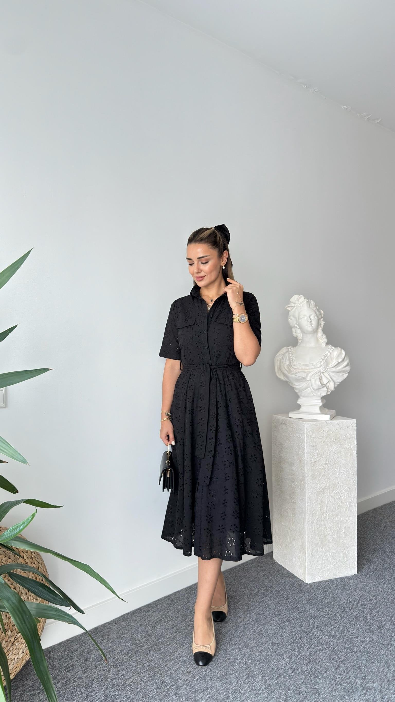 Black Ripper Belted Scalloped Dress