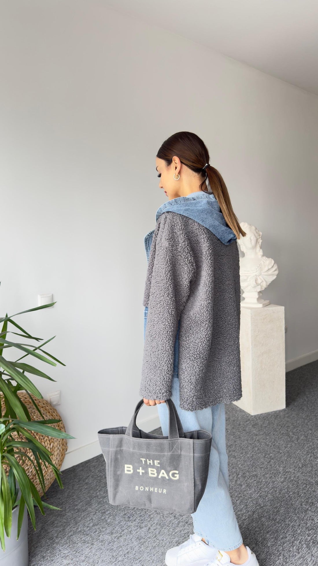 Anthracite Teddy Jacket with Denim Details