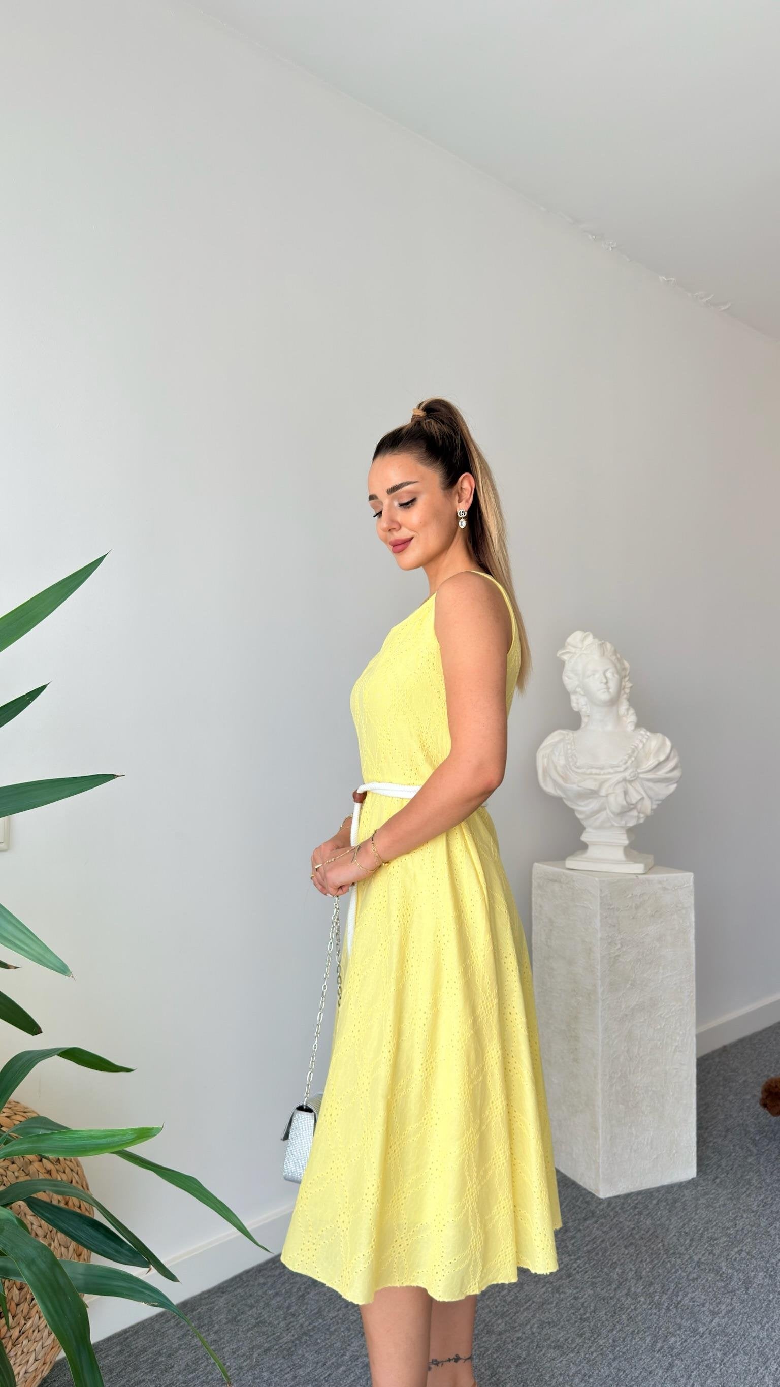 Yellow Rope Belted Festoon Dress