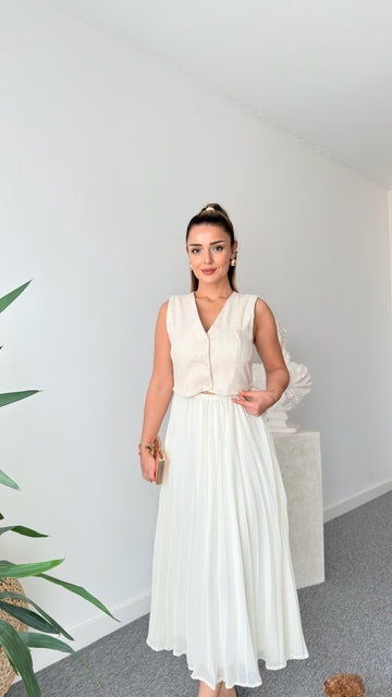 Brand Model Pleated Cream Dress with Vest Detail