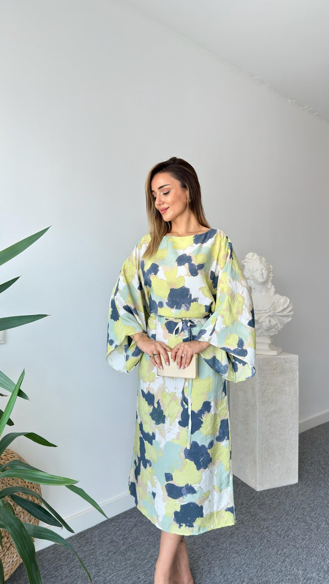 Patterned Batwing Sleeve Belted Massi Dress