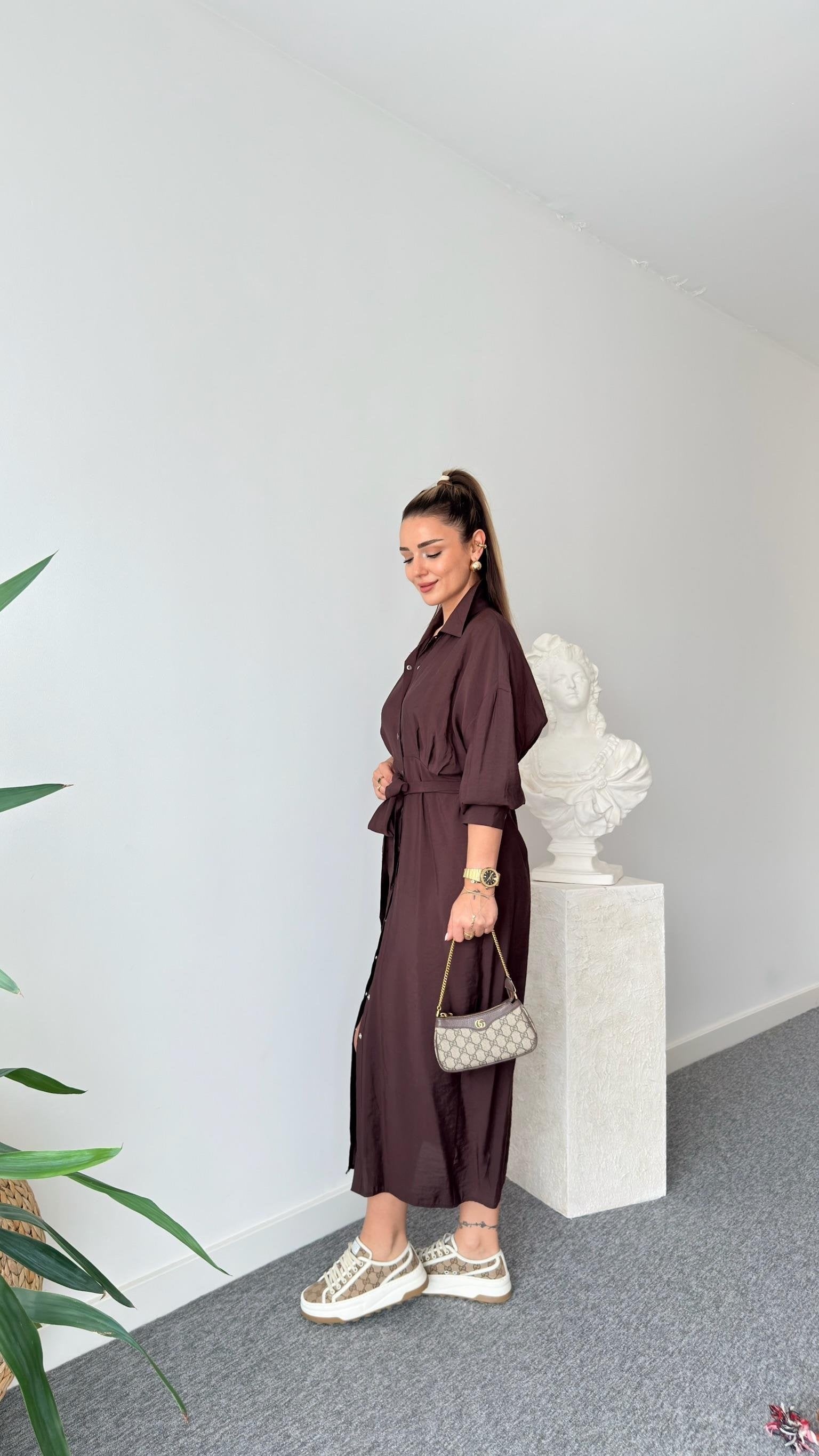 Brown Serna Orj Brand Snap Button Tencel Dress