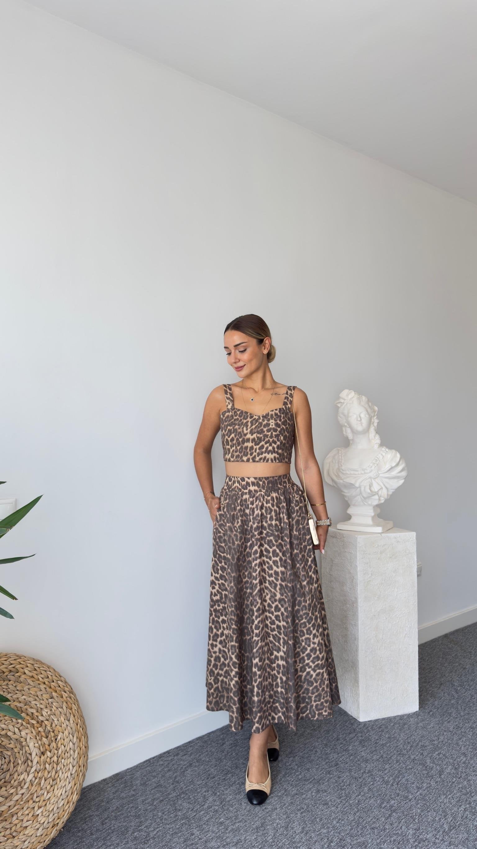 Leopard Patterned Crop Suit with Skirt
