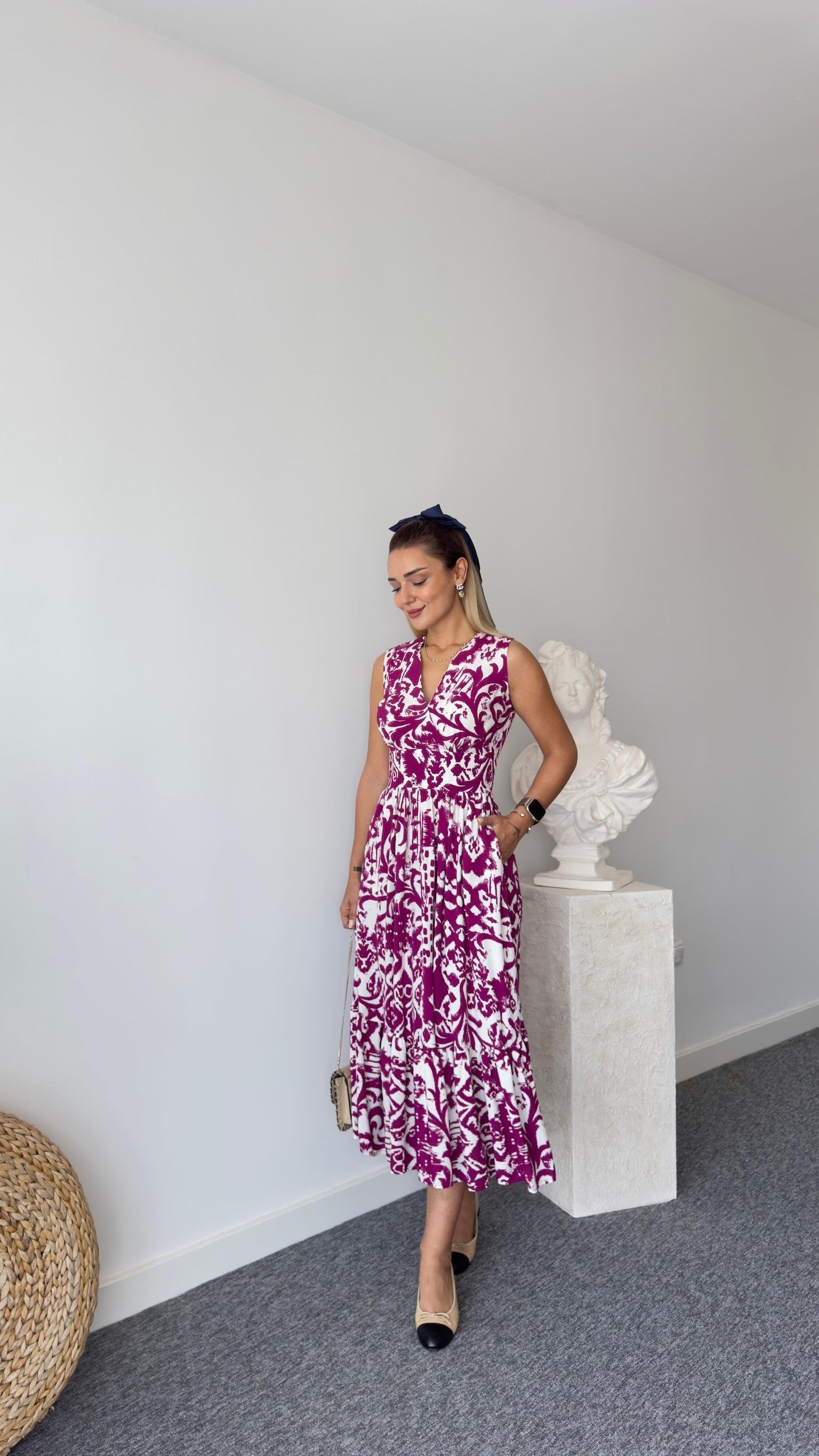 Double-Breasted Patterned Fuchsia Dress