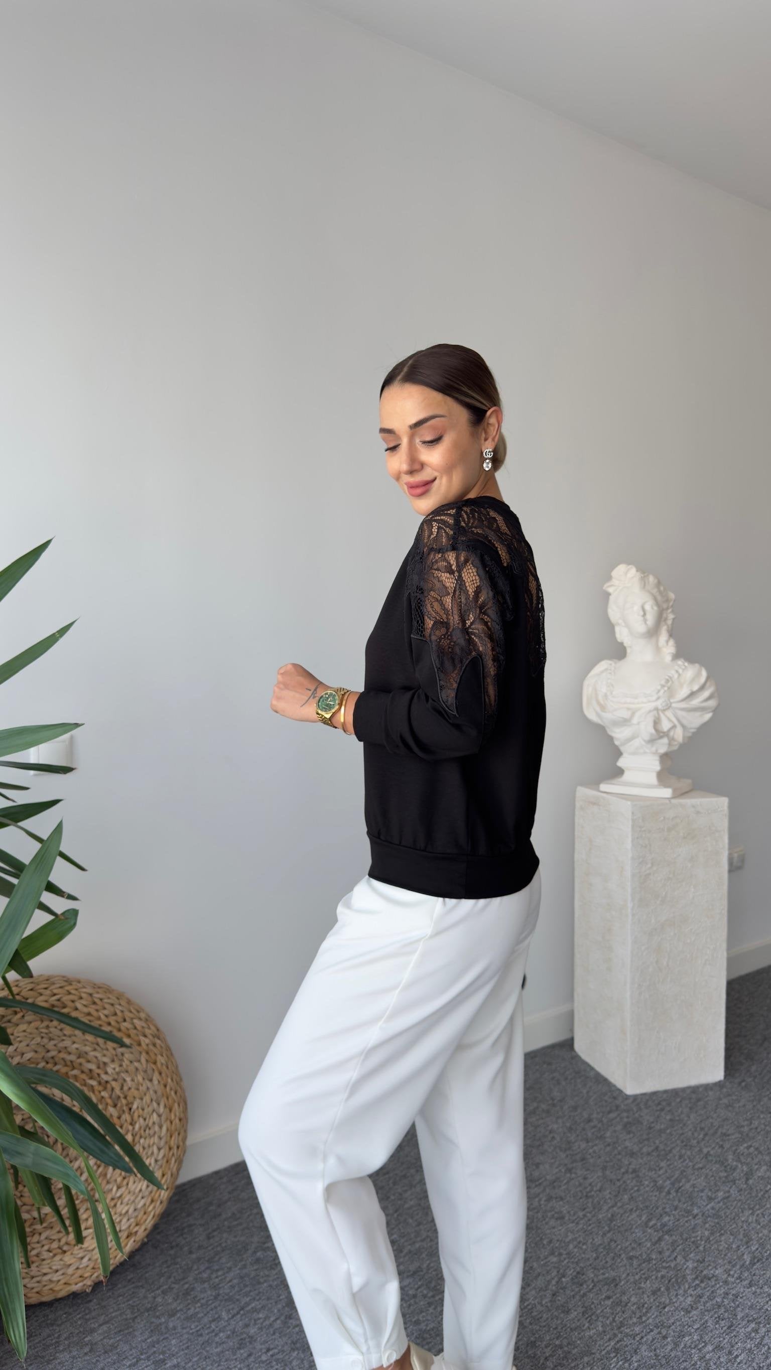 Laser Guipure Embroidered Black Modal Sweater