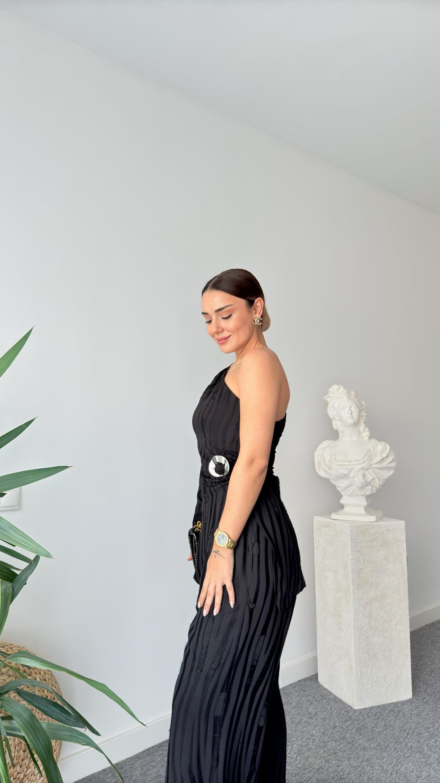 Black Usez One Shoulder Blouse Trouser Set