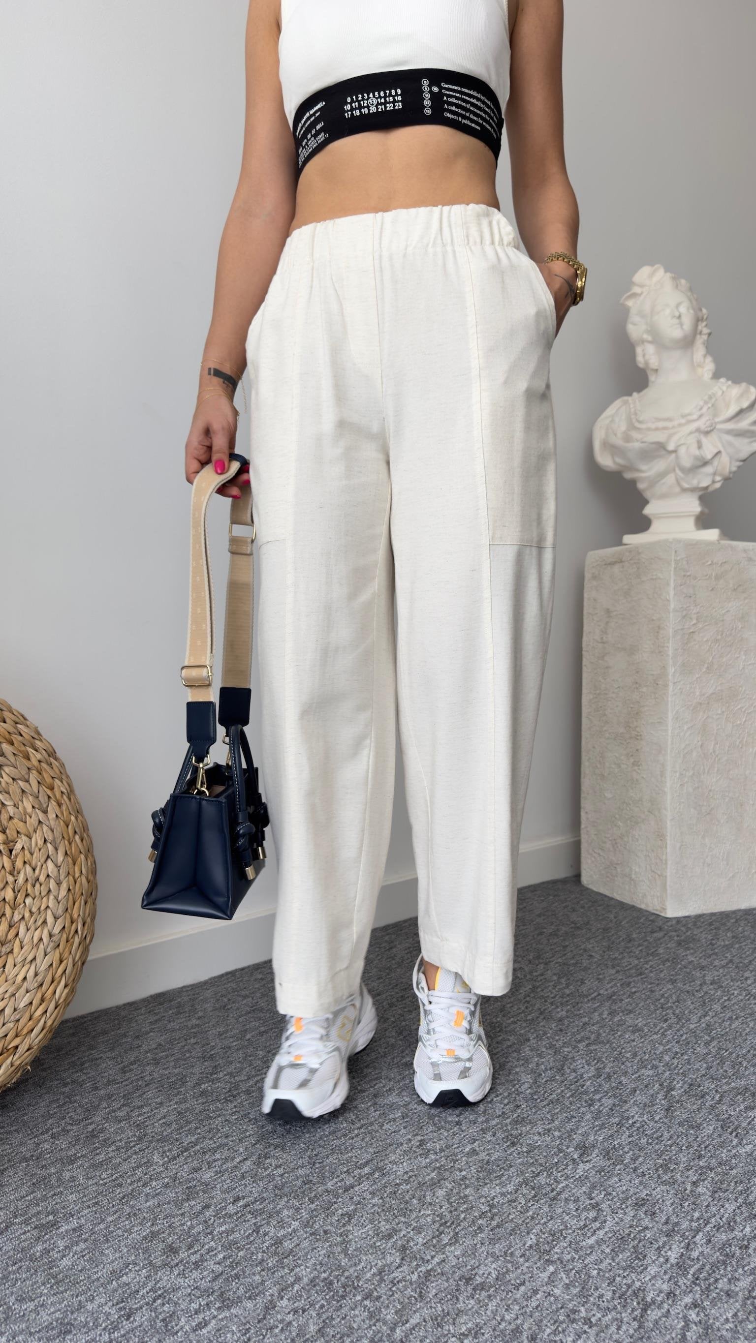 Gily Elastic Waist Beige Linen Trousers