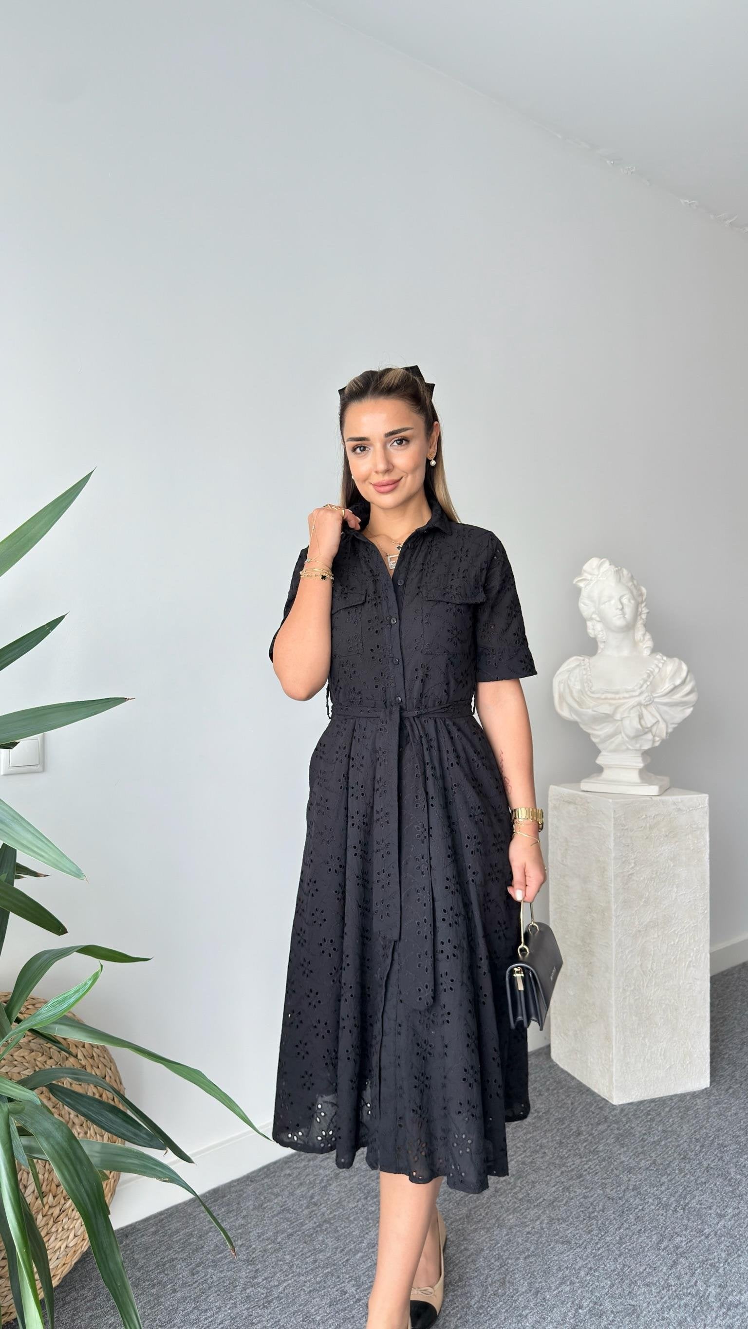 Black Ripper Belted Scalloped Dress
