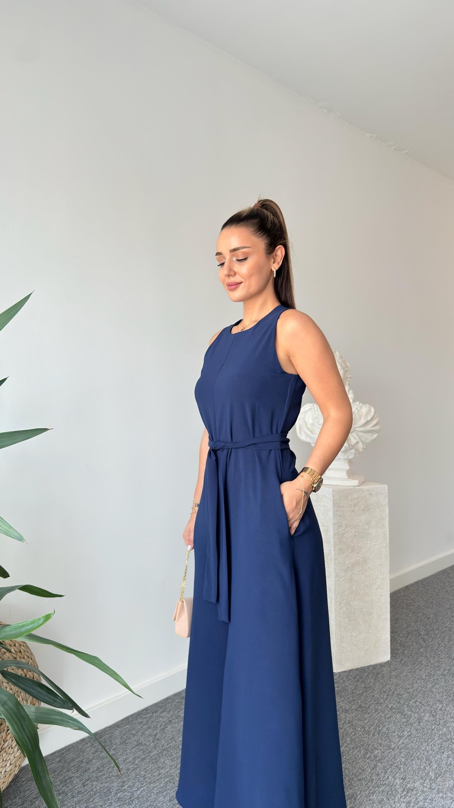 Carta Belted Navy Blue Wide Leg Jumpsuit