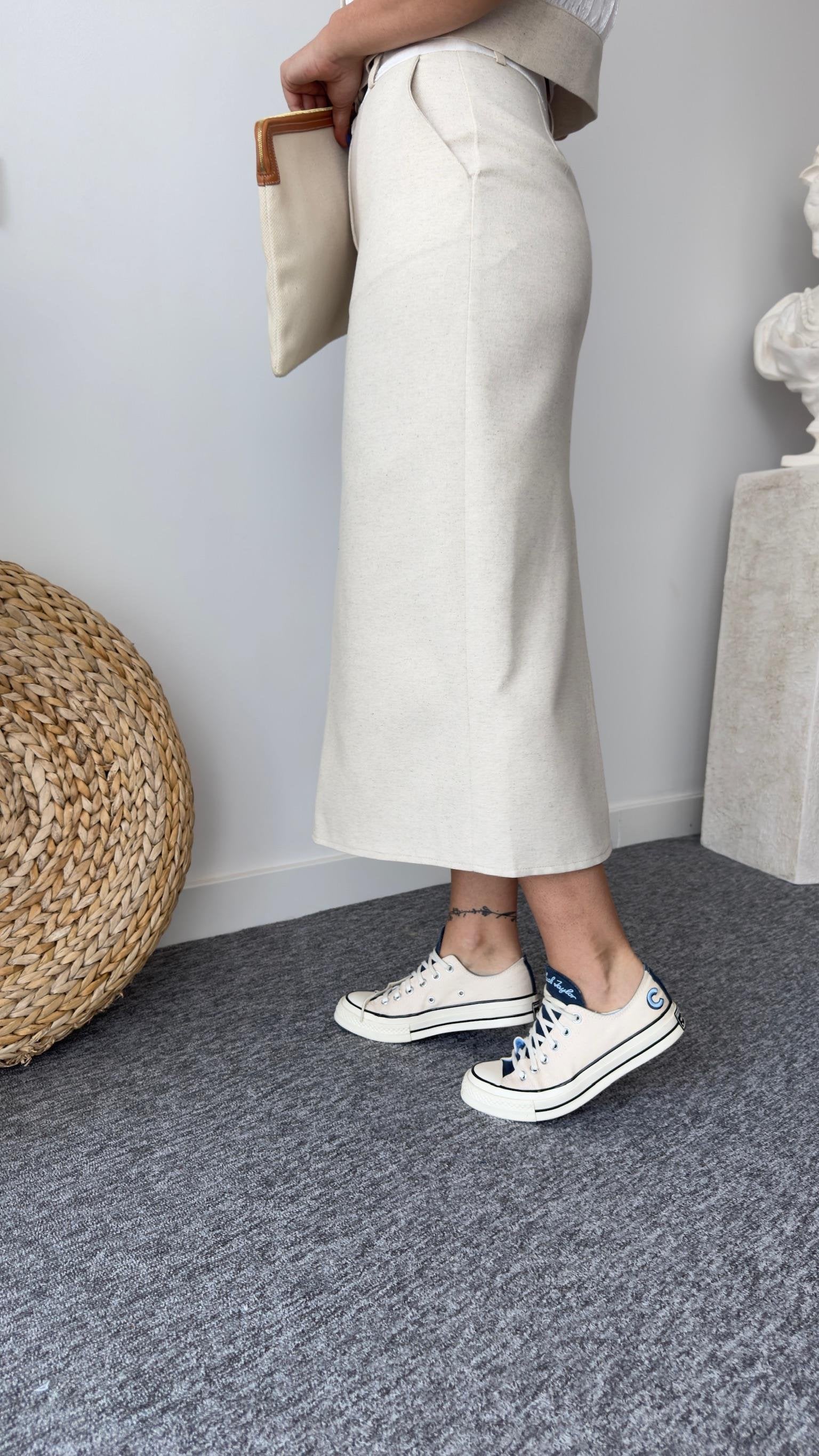 Linen Skirt with Poly Waist Detail and Back Slit
