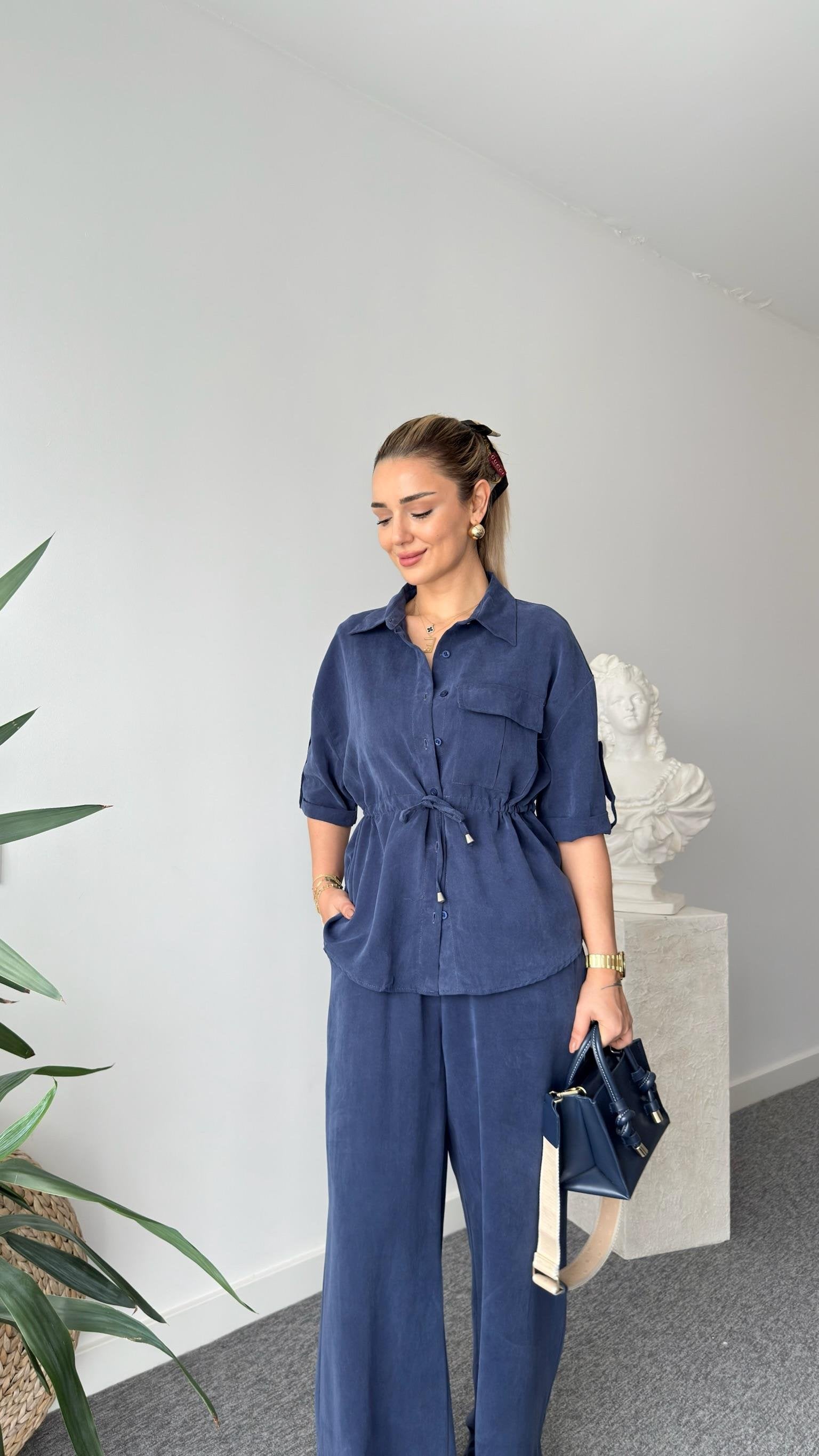 Navy Blue Neva Waist Pleated Tencel Suit