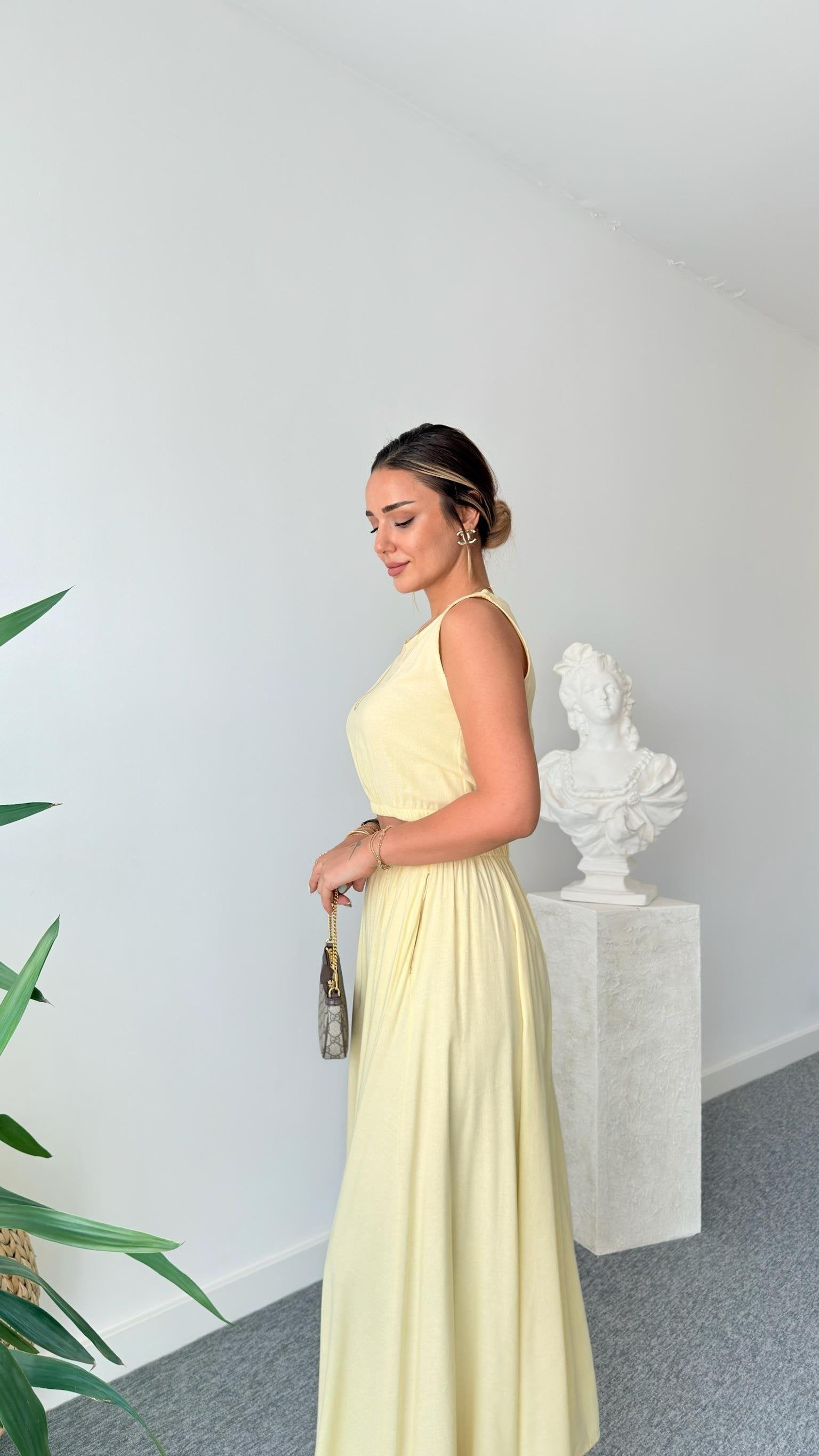 Yellow Linen Skirt Crop Suit
