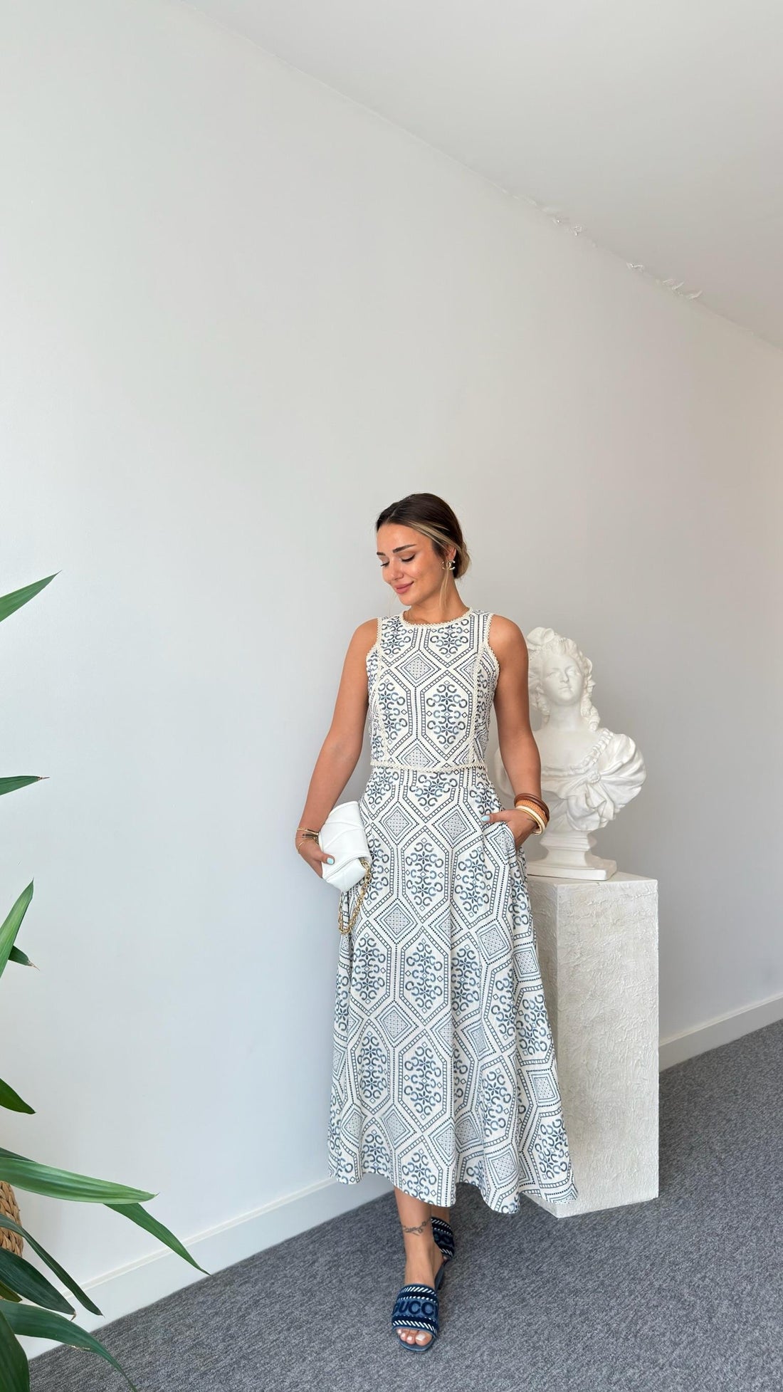 Navy Blue Linen Patterned Skirt Suit