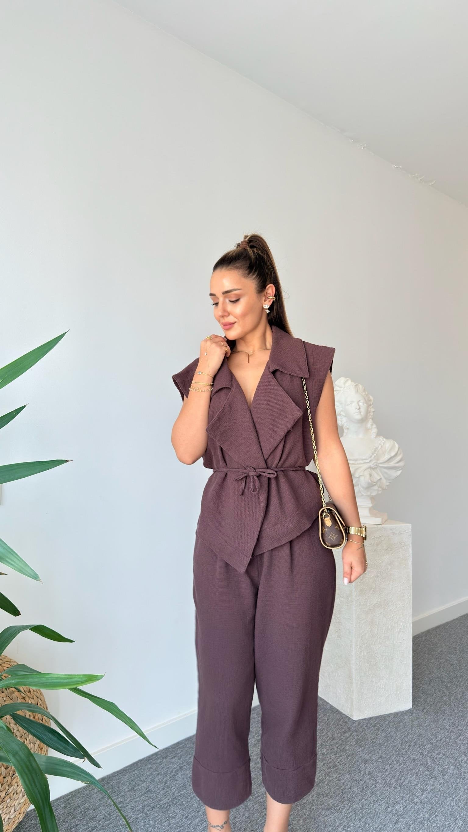 Brown Linen Suit with Vest