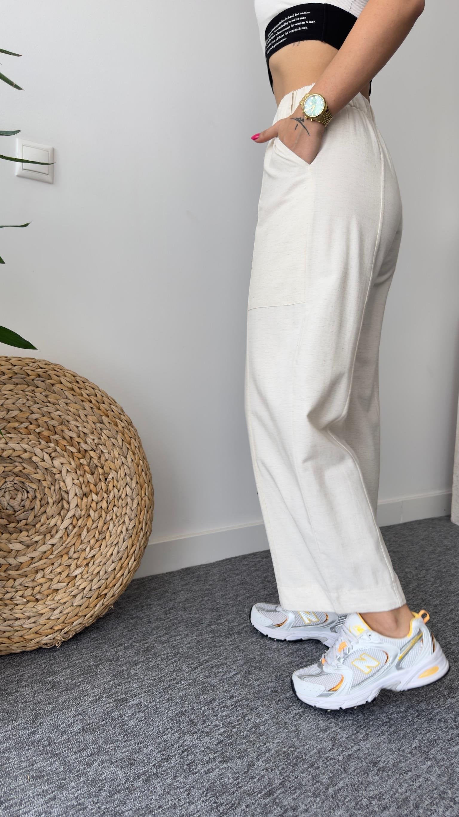 Gily Elastic Waist Beige Linen Trousers