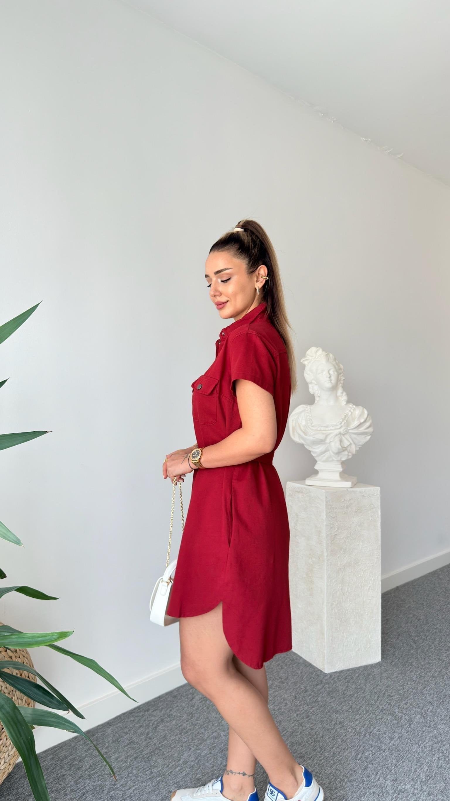 Burgundy Heren Belted Gabardine Dress