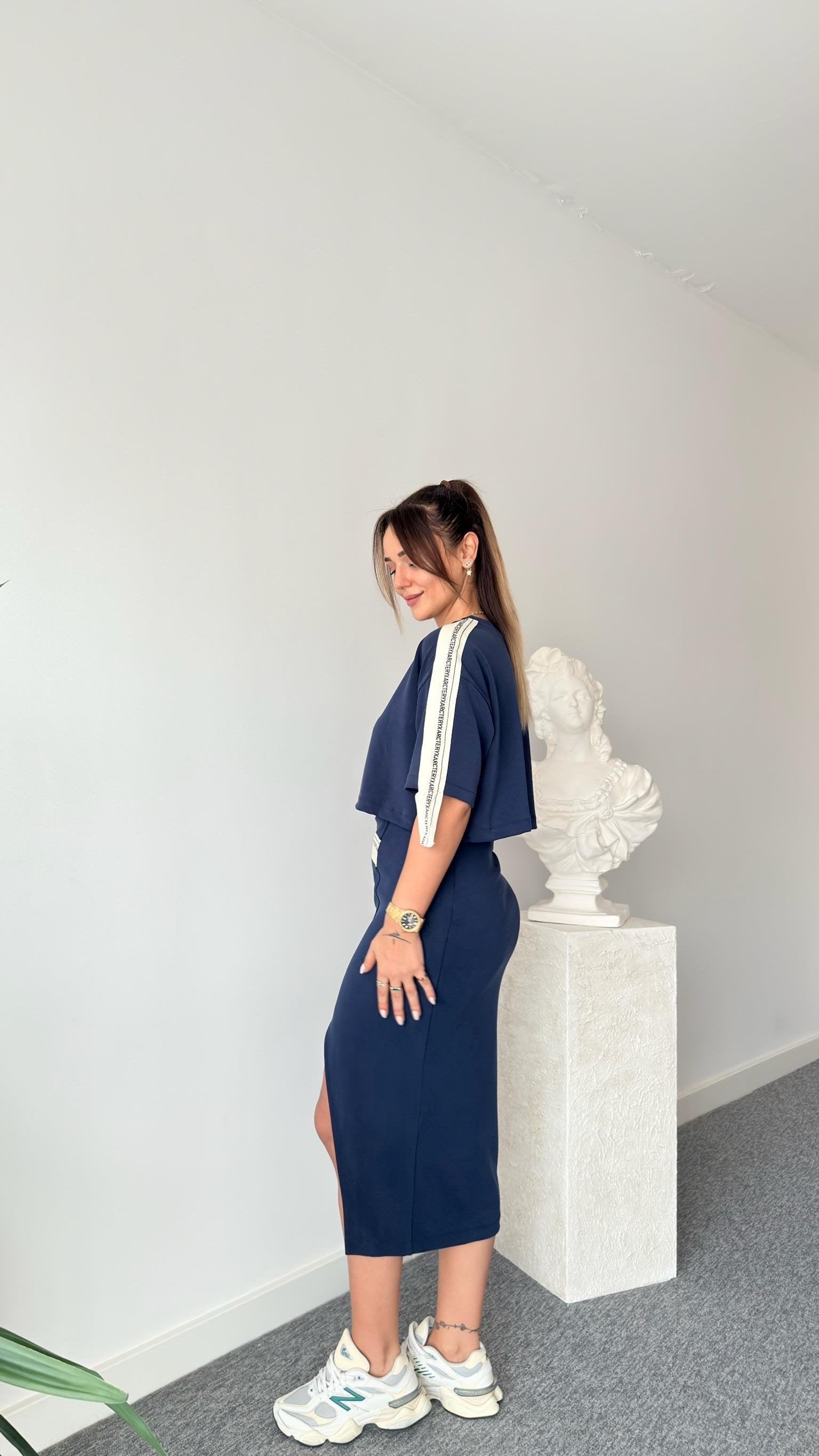 Navy Blue Chima Stripe Detailed Modal Skirt Suit