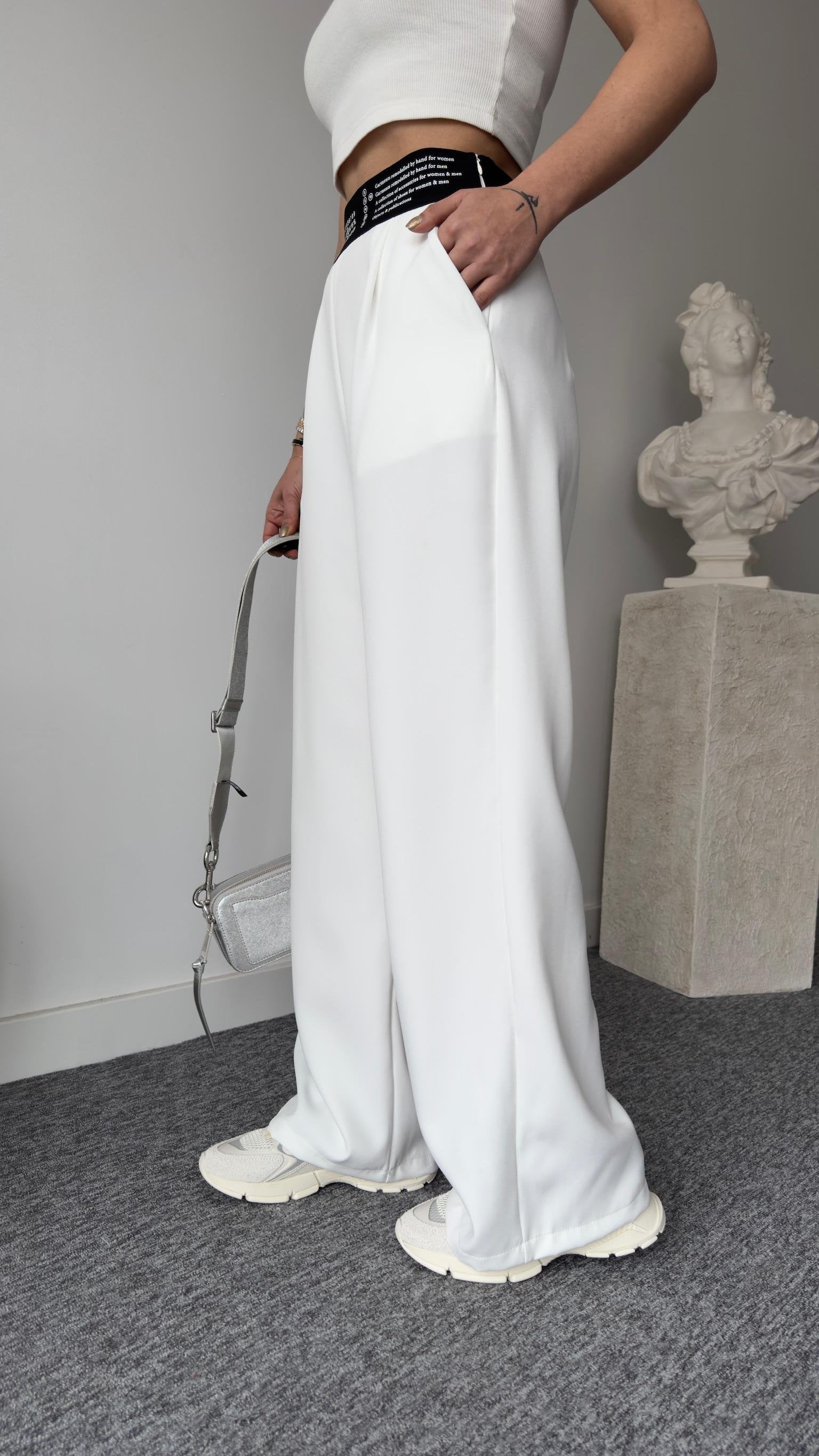 White Trousers with Pugna Waist Print