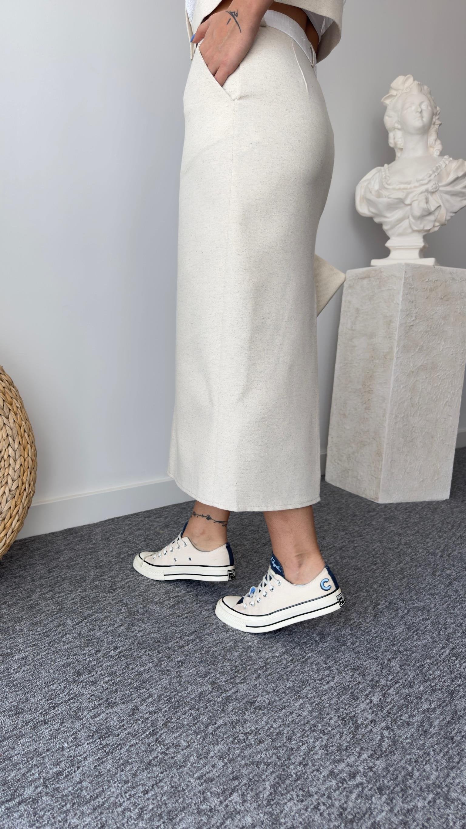 Linen Skirt with Poly Waist Detail and Back Slit