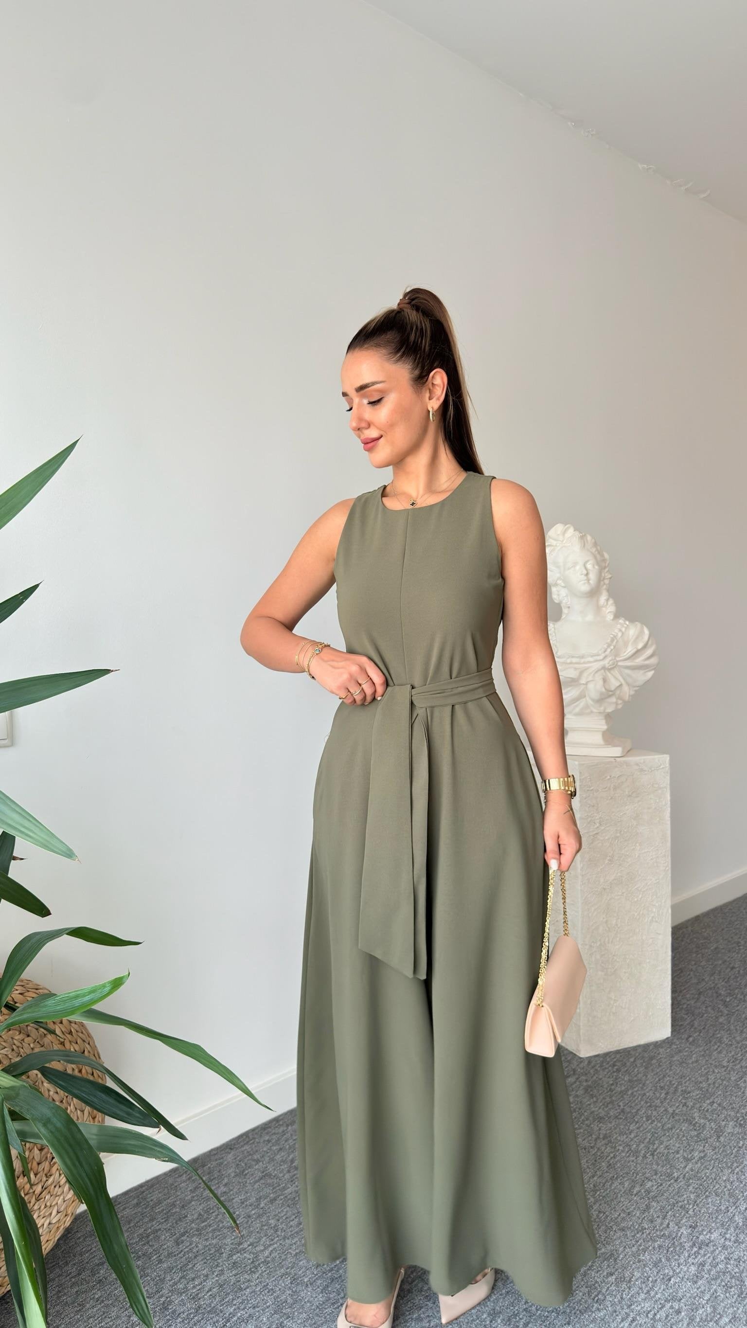 Carta Belted Khaki Wide Leg Jumpsuit