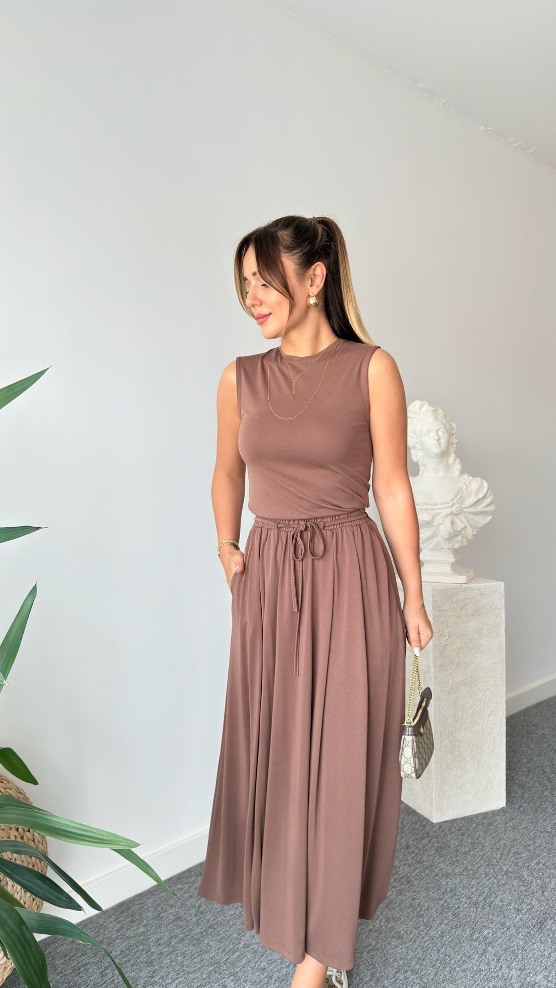 Brown Terula Flared Skirt Modal Suit skrit