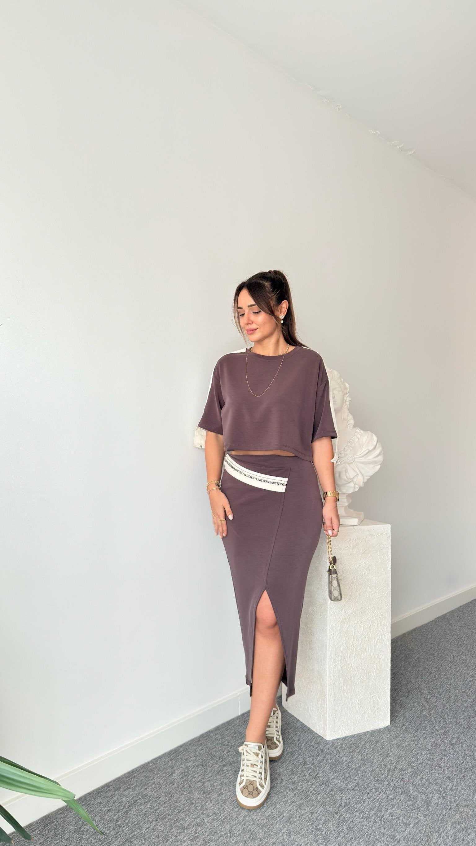 Brown Chima Modal Suit with Stripe Detailed Skirt