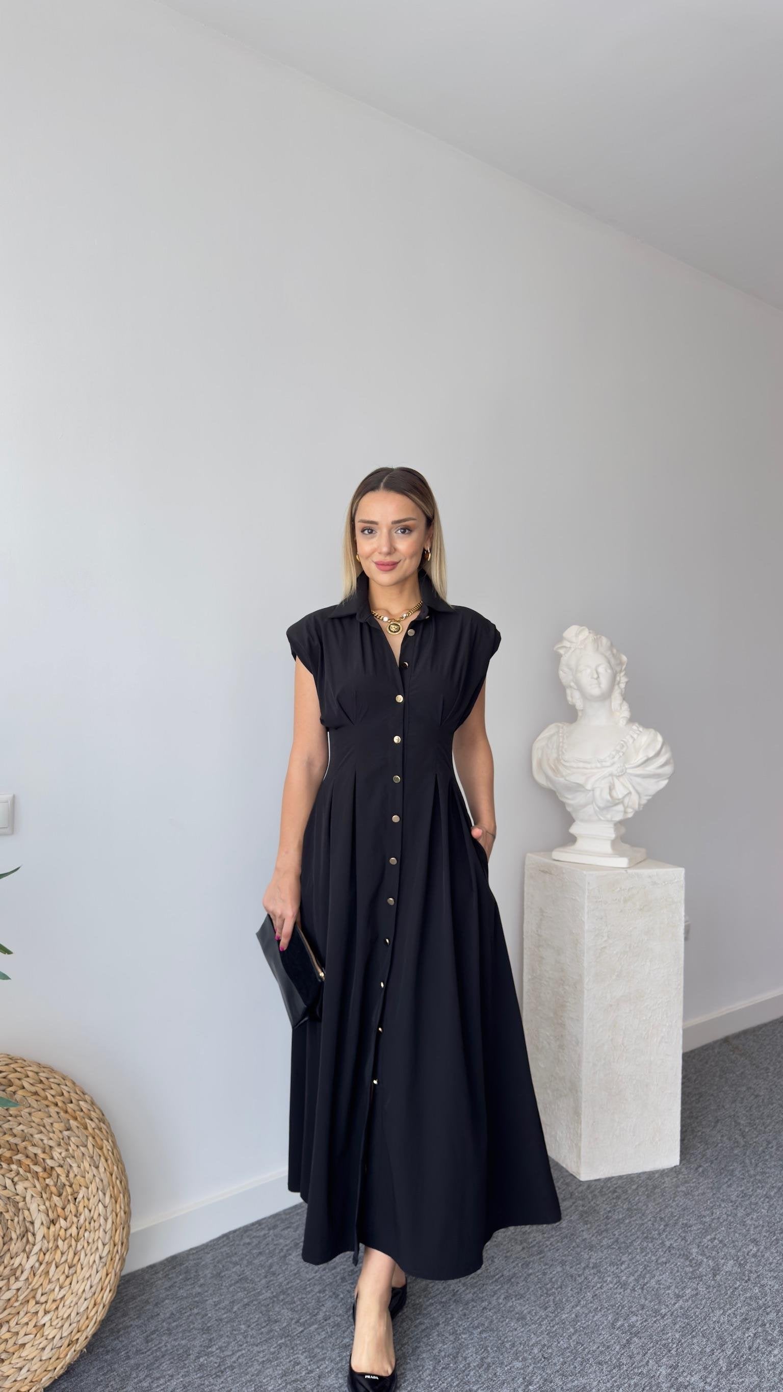Jene Button-Down Pleated Black Dress