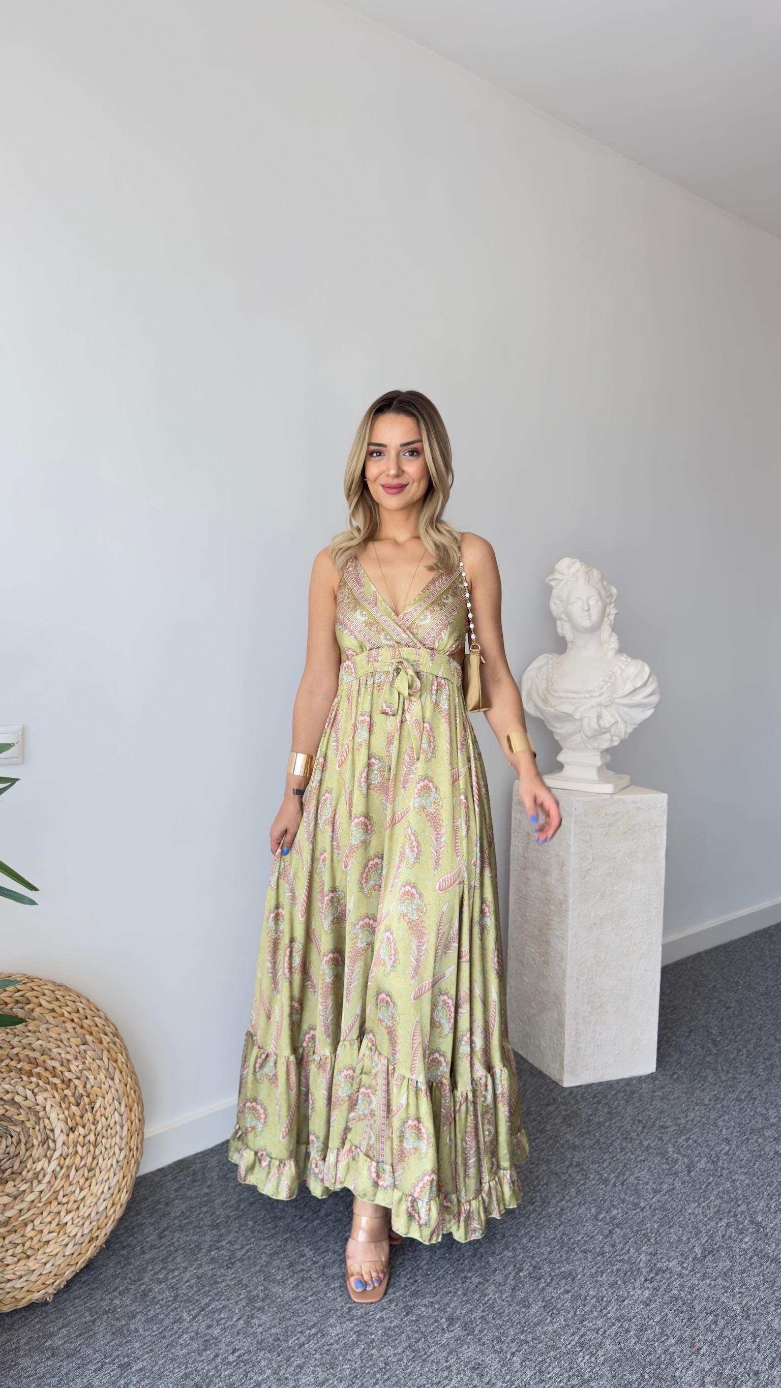 Green Ethnic Pattern Satin Premium Dress
