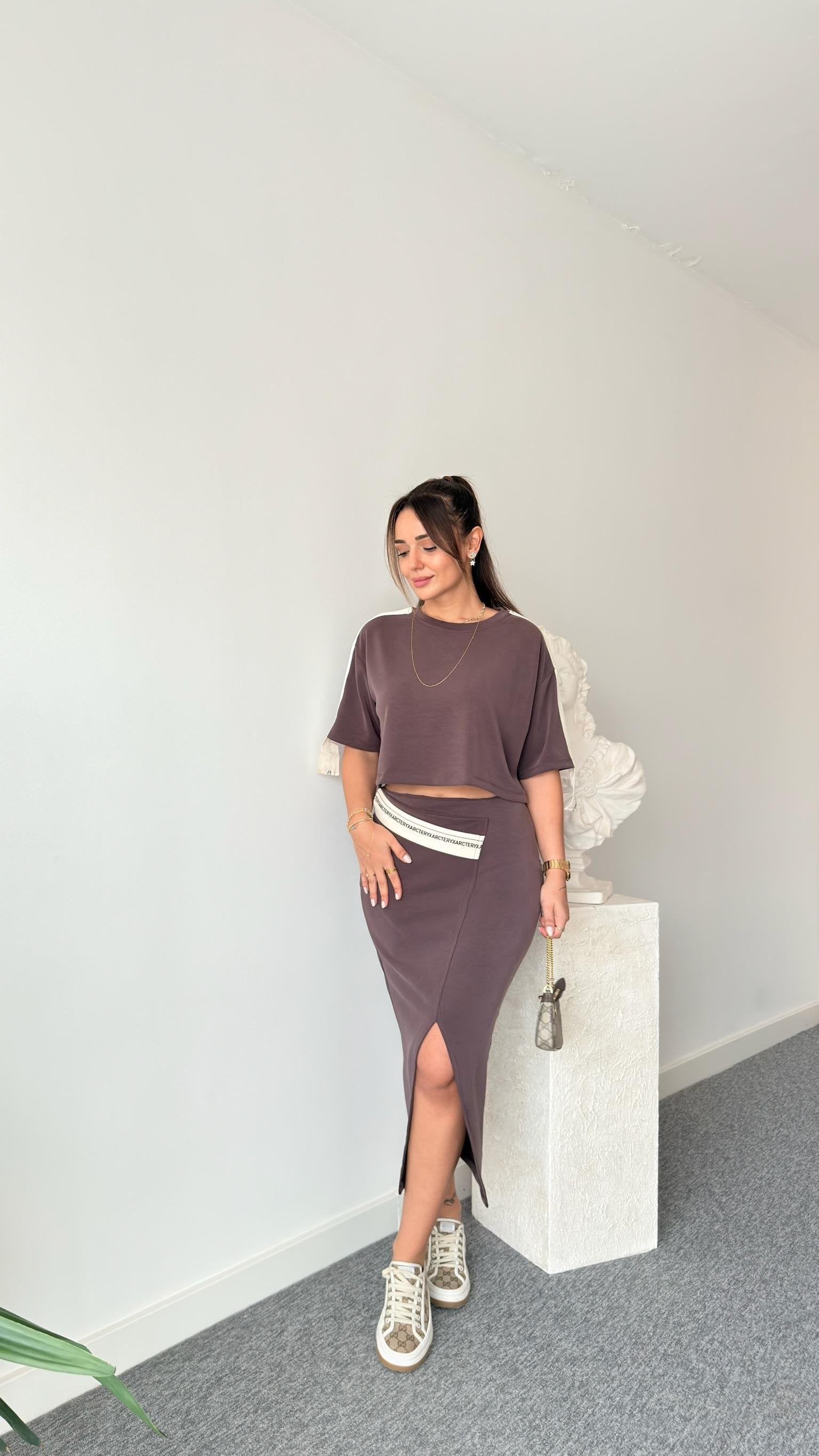 Brown Chima Modal Suit with Stripe Detailed Skirt