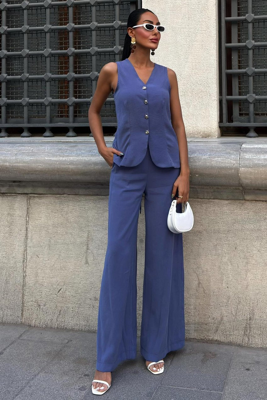 Lace-Up Vest Plazza Trouser Modal Set Blue